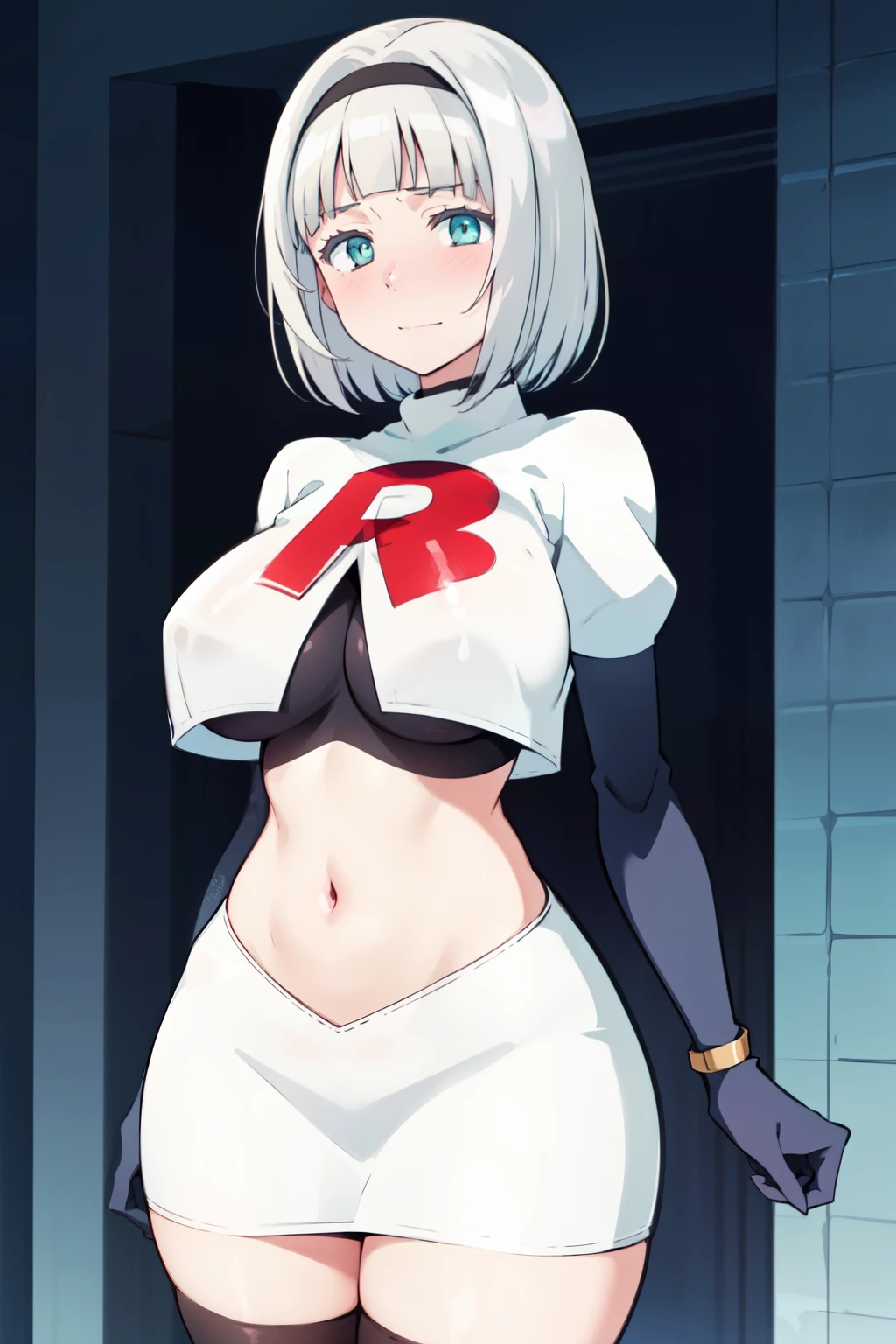(masterpiece, best quality, ultra-detailed), AnnaNishikinomiya, white hair, aqua eyes, short hair, hairband, large breasts, team rocket,team rocket uniform,white skirt,crop top,black thigh-highs,black elbow gloves,
