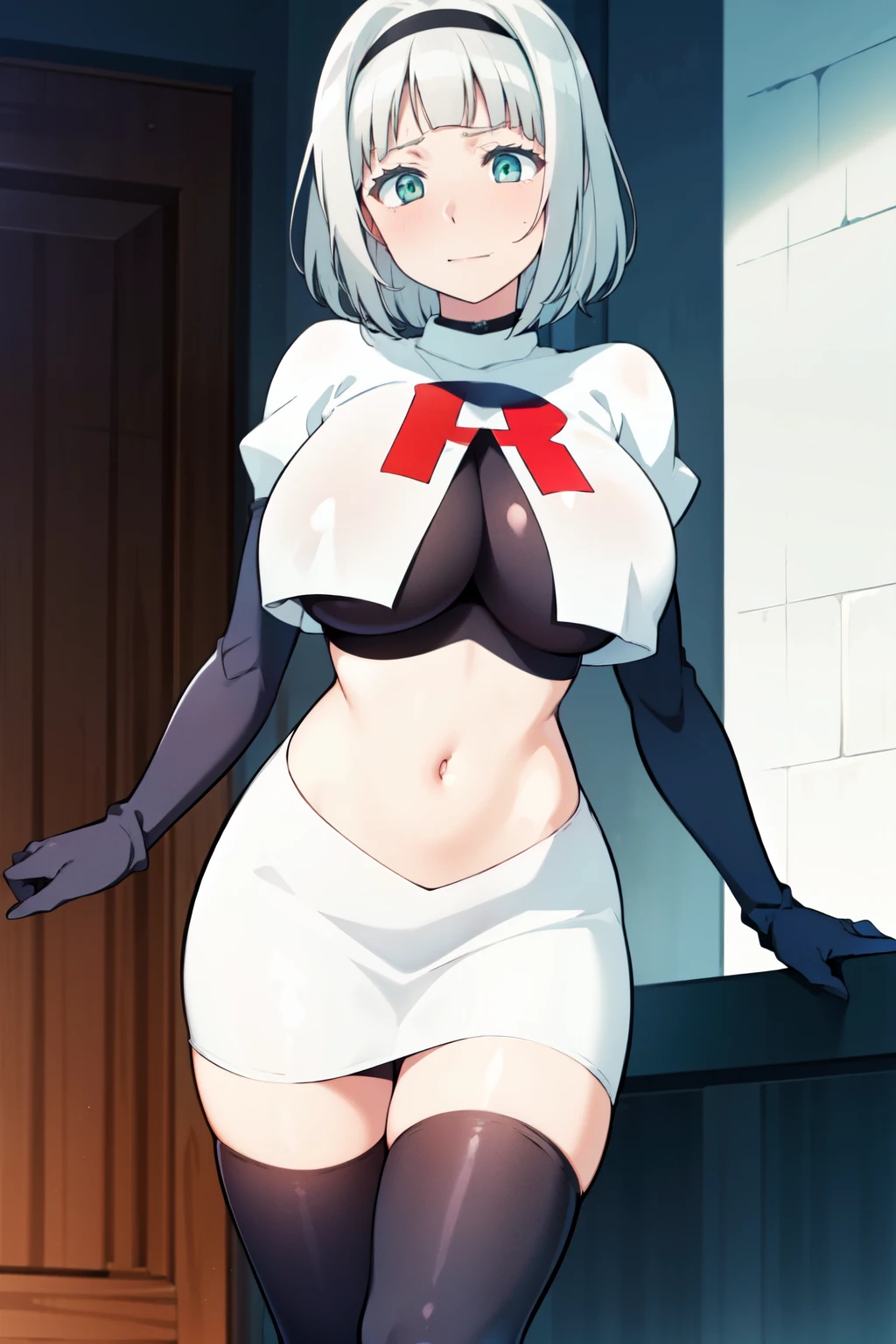 (masterpiece, best quality, ultra-detailed), AnnaNishikinomiya, white hair, aqua eyes, short hair, hairband, large breasts, team rocket,team rocket uniform,white skirt,crop top,black thigh-highs,black elbow gloves,