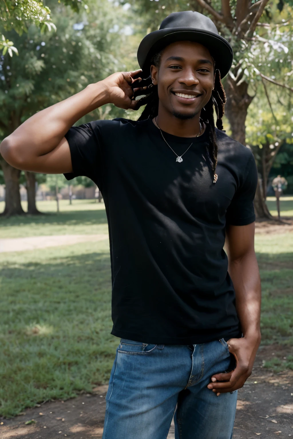 ((perfect landscape photograph)), ((realistic)), (perfect face), handsome black man wearing a straight black shirt, standing square in front of the camera, wearing a hat backwards, dreads, man smiling, happy, hands in jean pockets, jeans are a little worn out, standing in a park, sunny day