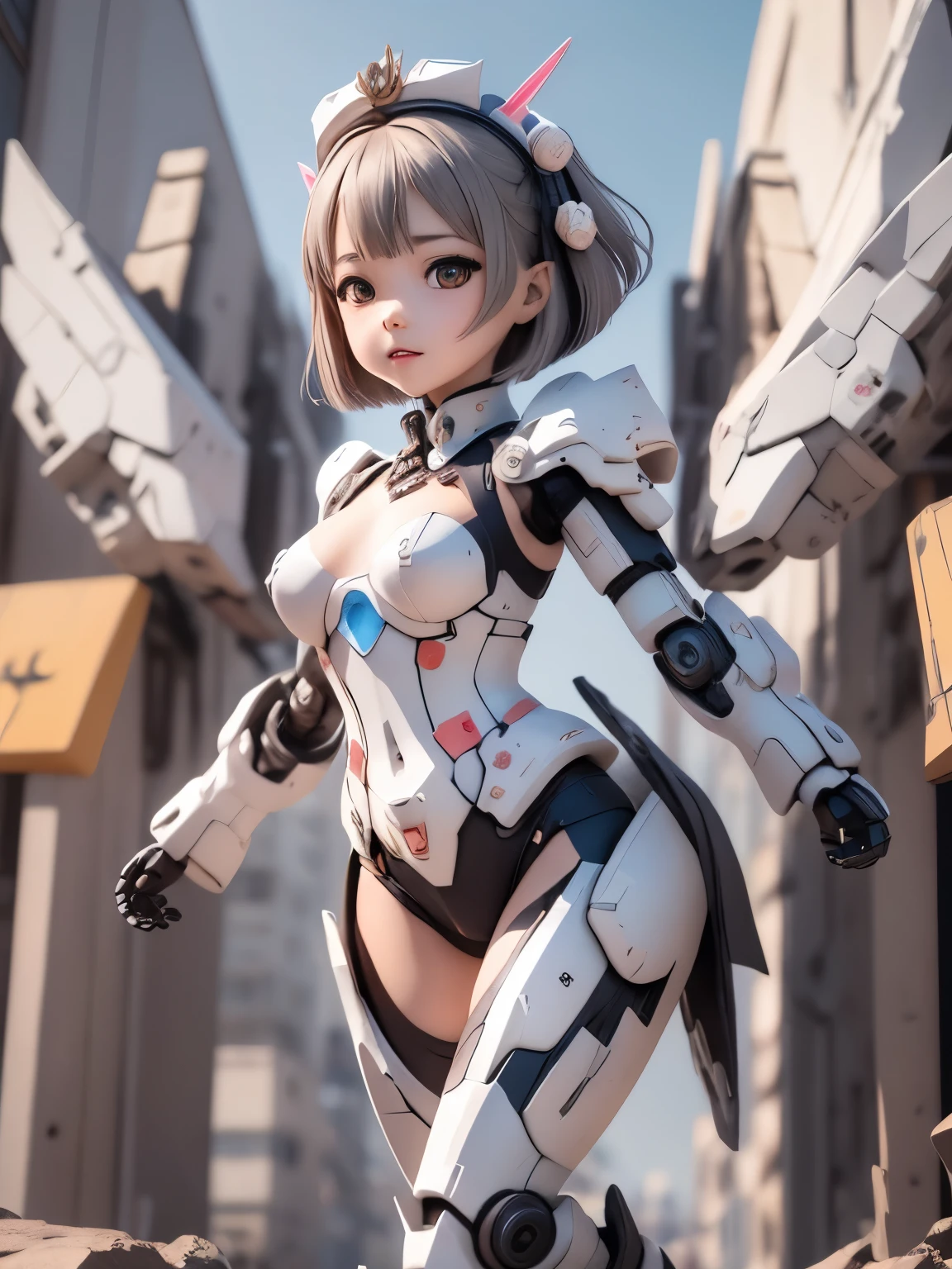 armor colored white and blue,a girl and a mecha,japanese young girl, {(wear gothic ta clothes with white frills:1.2)}, {wears a futuristic Gundam style armor}, with headgear, with v-fin , armored shoulders,armored under arms, armored under legs,full body:1.5, ,(she climb into a giant Gundam mecha) ,
cute, (cute:1.2), (bob cut:1.3),三つ編み, 黒髪, 太い眉毛, 薄い色の虹彩, 大きくて輝いている黒い瞳, 長いまつげ, 小さく薄い色の自然な唇, (Average face of Japanese idols), (日本人特有の童顔:1.3), (baby face), 広いおでこ:1.2, ふっくらした頬, 小さな顎, visible side boob,, broken streets, Broken City,,looking at viewer,Focus on the eyes ,
3D rendering,
Small robot,
portrait female anime,
cute 3d anime rendering,
cute detailed digital art,
mini cute mech,
3D rendering stylized,
3D renderingされたキャラクター アート 8k,
cute digital painting,
Anime style 3D,
Super detailed rendering,
weapon in hand,