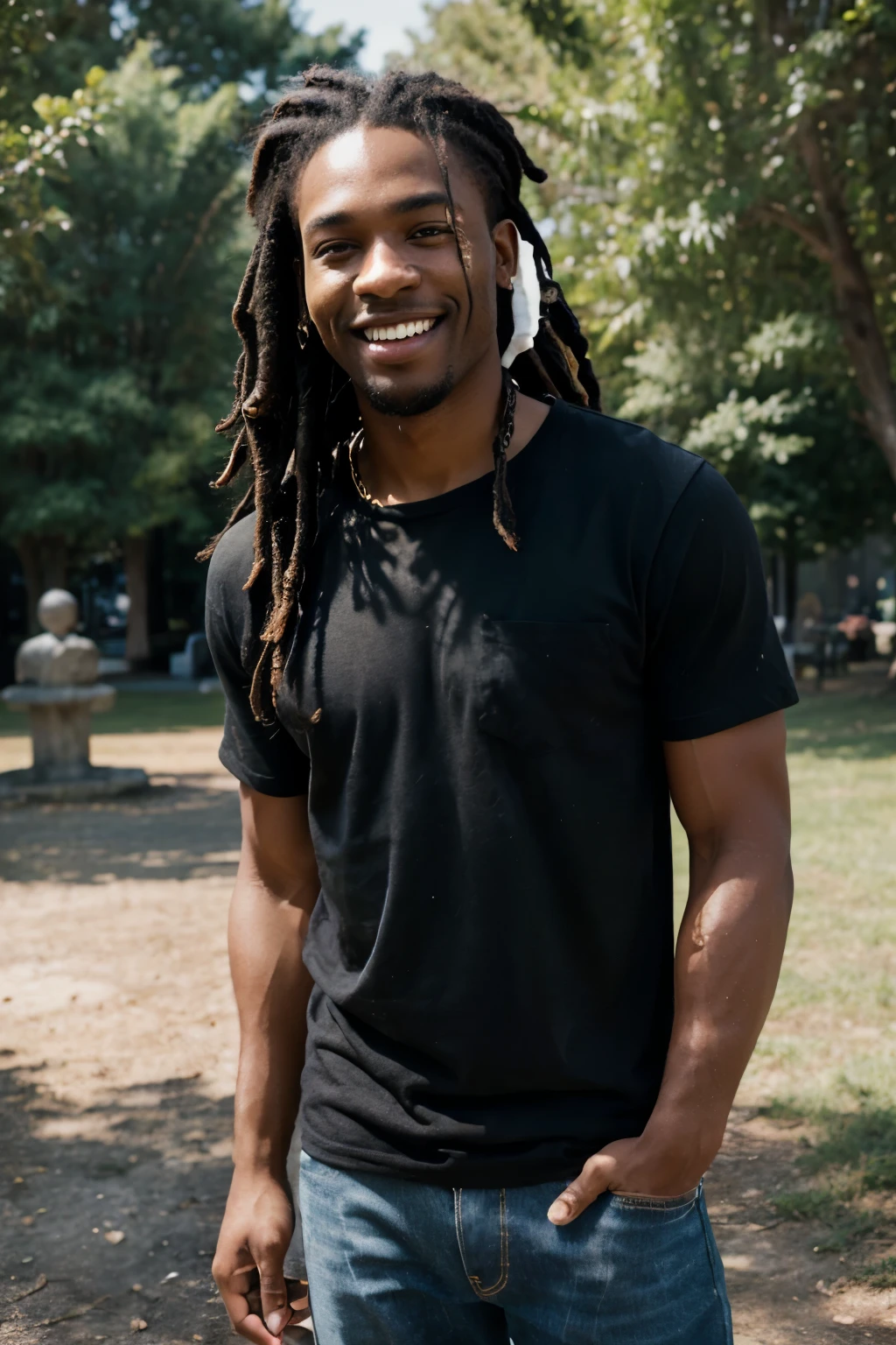 ((perfect landscape photograph)), ((realistic)), (perfect face), handsome black man wearing a straight black shirt, standing square in front of the camera, wearing a hat backwards, dreads, man smiling, happy, hands in jean pockets, jeans are a little worn out, standing in a park, sunny day