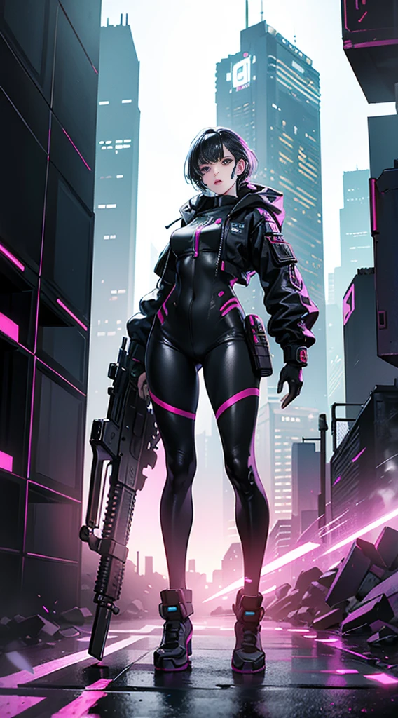 (((full body photo))) a female cyborg,,peituda, Glamour,psychedelic costume,blindado,A Cyberpunk Dystopian Girl,fantastic dystopia,dystopian landscape,fotorrealista,Colorful psychedelic tom,posando,Armado,armas,armas,obra de arte,detalhado,8k