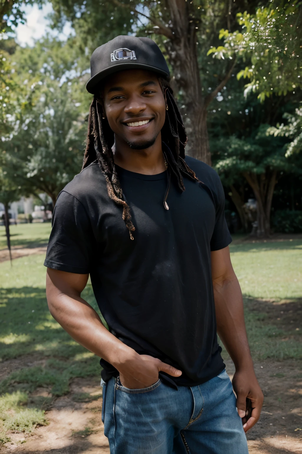 ((perfect landscape photograph)), ((realistic)), (perfect face), handsome black man wearing a straight black shirt, standing square in front of the camera, wearing a hat backwards, dreads, man smiling, happy, hands in jean pockets, jeans are a little worn out, standing in a park, sunny day