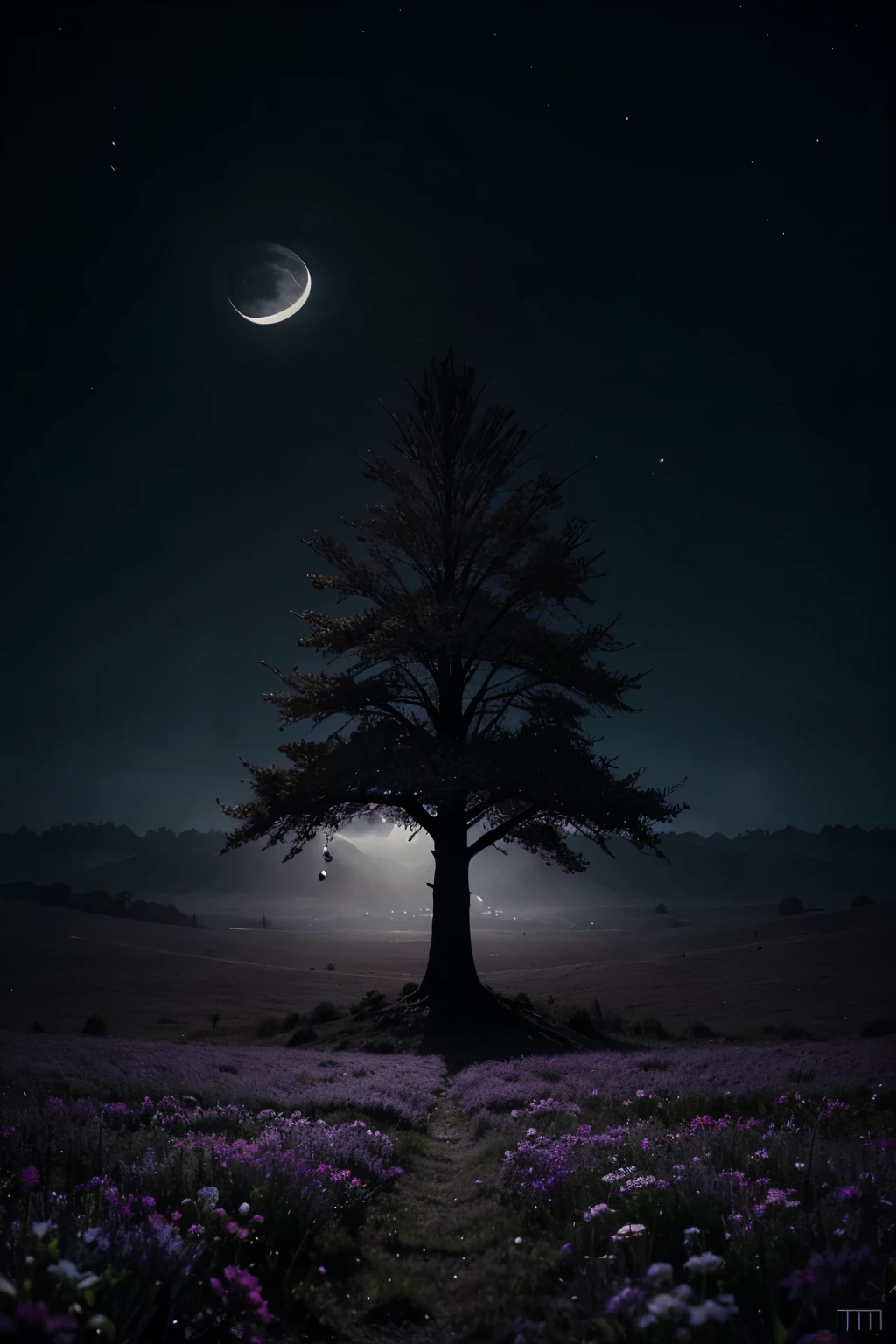 a close up of a tree with a moon in the background, concept art by Meredith Dillman, tumblr, metaphysical painting, black metal band logo, [ mystic, logo art, black metal logos, black metal aesthetics, mythical floral hills, mystical setting, mystical color scheme, obsidian metal, metalic, mystic, purple crystal inlays, dark matte metal