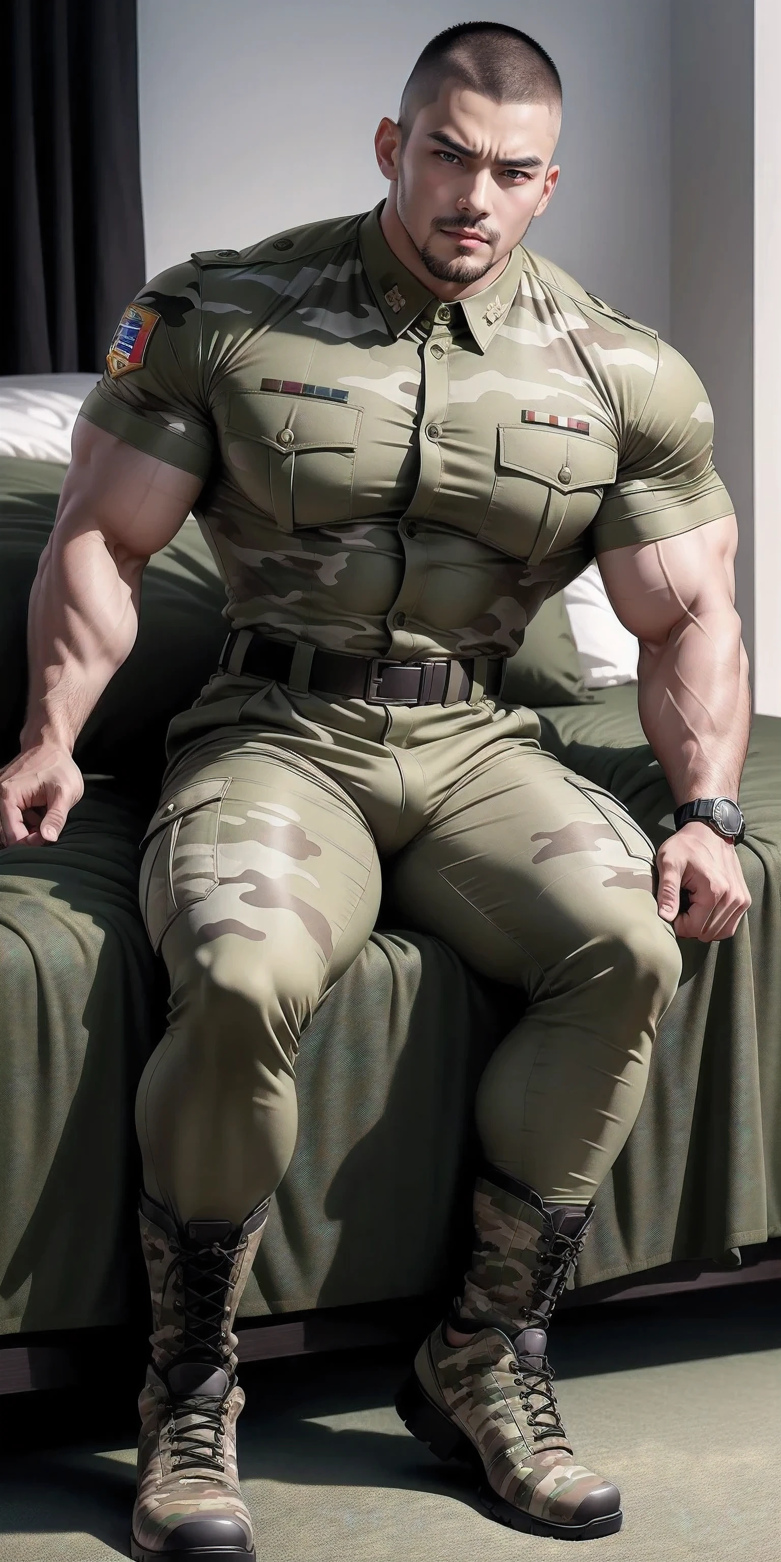 Sad crying tall giant muscular man.,Khaki camouflage military uniform,Sleeping on a soft dark green mattress,Strong and fierce tough guy straight man,Buzz Cut,身穿Khaki camouflage military uniform,Sleeping on a soft dark green mattress, Sad expression,Deep and charming eyes,The hero with emerald pupils,heroic male pose,高大burly,muscular!Charming leg muscles,High, burly, Heqiang, 身穿Khaki camouflage military uniform, Super gain and cool, high resolution committee, Big feet in black boots,Charming strong man,The bright sunshine shines on you