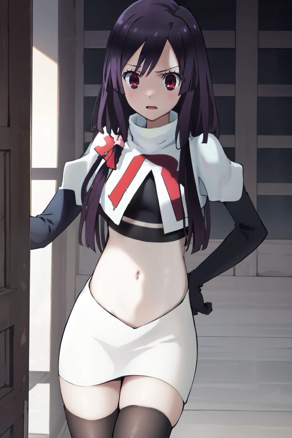 natsume, 1girl, crossdress-hairstyle, magic,    highres, absurdres,team rocket,team rocket uniform,white skirt,crop top,black thigh-highs,black elbow gloves,