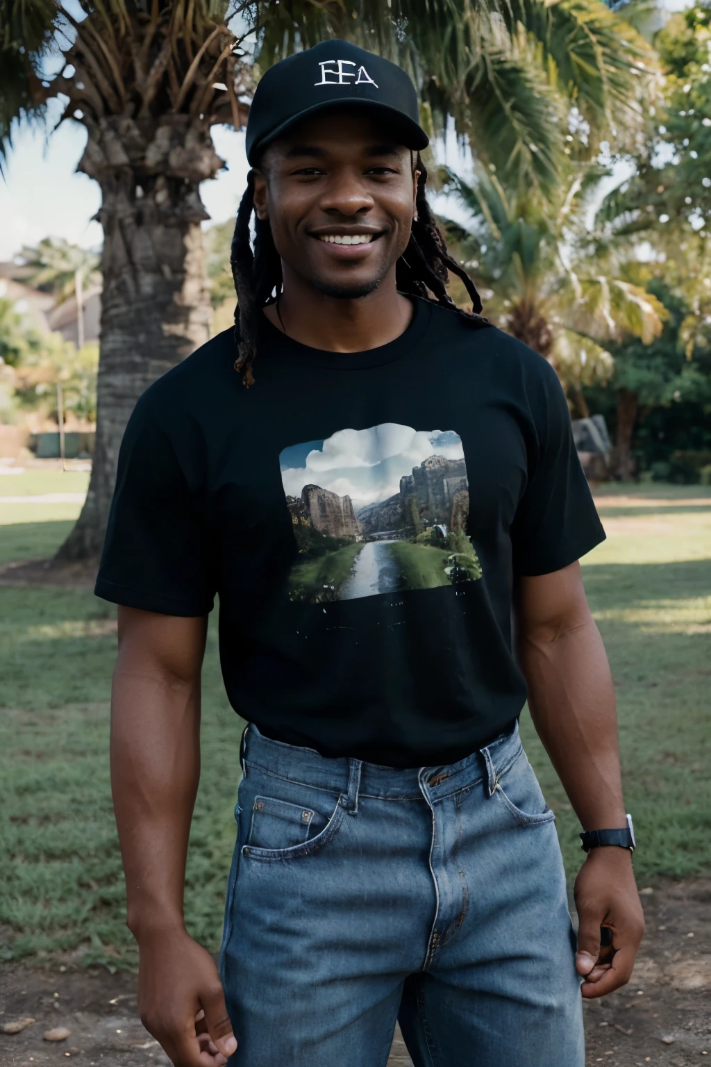 ((perfect landscape photograph)), ((realistic)), (perfect face), handsome black man wearing black t-shirt mockup with nothing on the shirt, standing straight in front of the camera, wearing a black baseball cap backwards, dreads, man smiling, happy, hands in jean pockets, jeans are a little worn out, standing in a park, sunny day