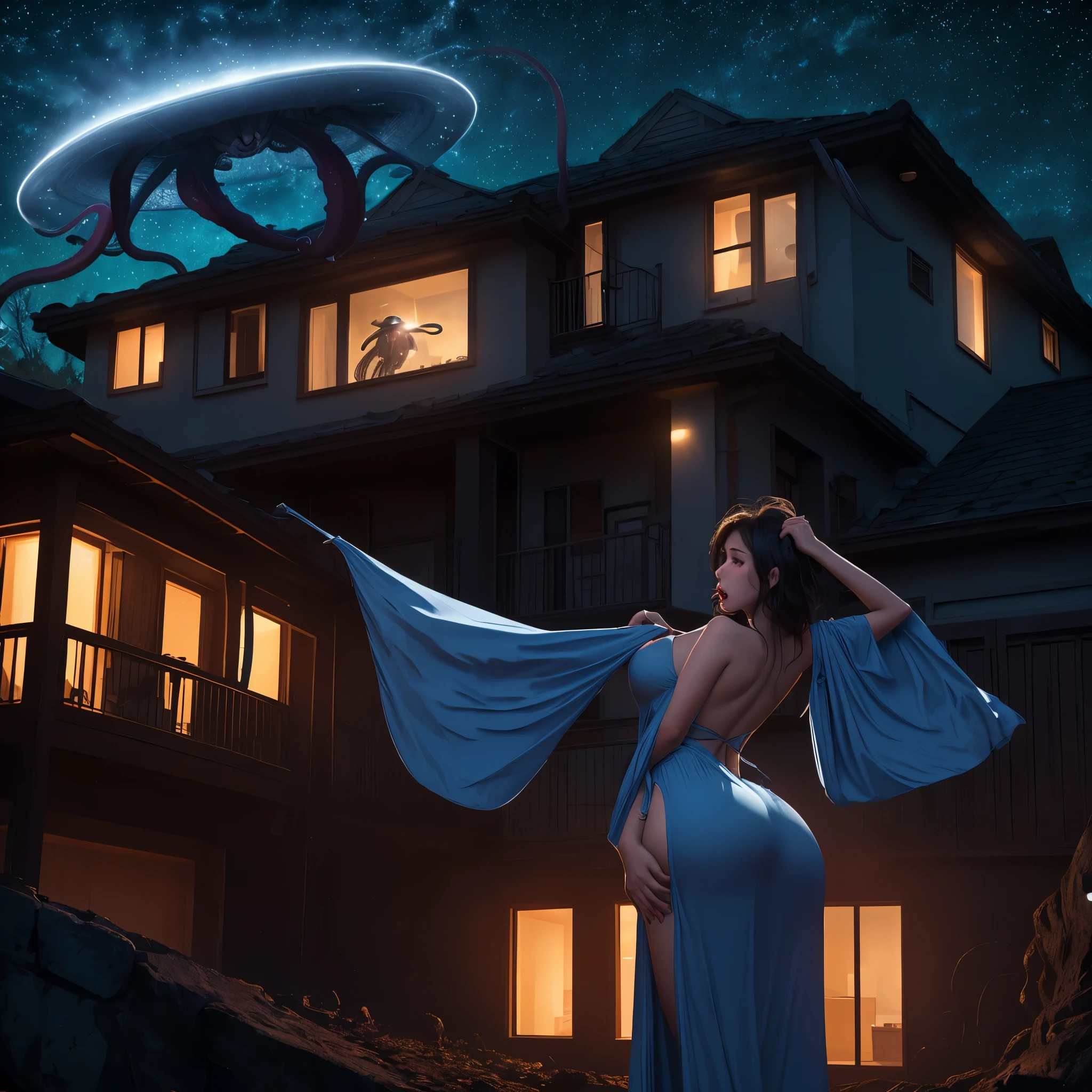 A ufo descend upon a house at night, its tentacles are pulling up a buxom woman with a big butt dressed in a blue night gown, use soft color tones