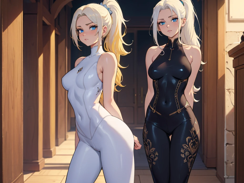 absurdres, [perfect shadows and lighting], detailed background, incredible high-key lighting, masterpiece, high quality, detailed, extremely detailed, ambient soft lighting, 4K, 1girl, , leggings, pose, arms at sides, simple background, blue eyes, yellow hair, white hair, blond hair, high ponytail, arms behind back, looking at viewer