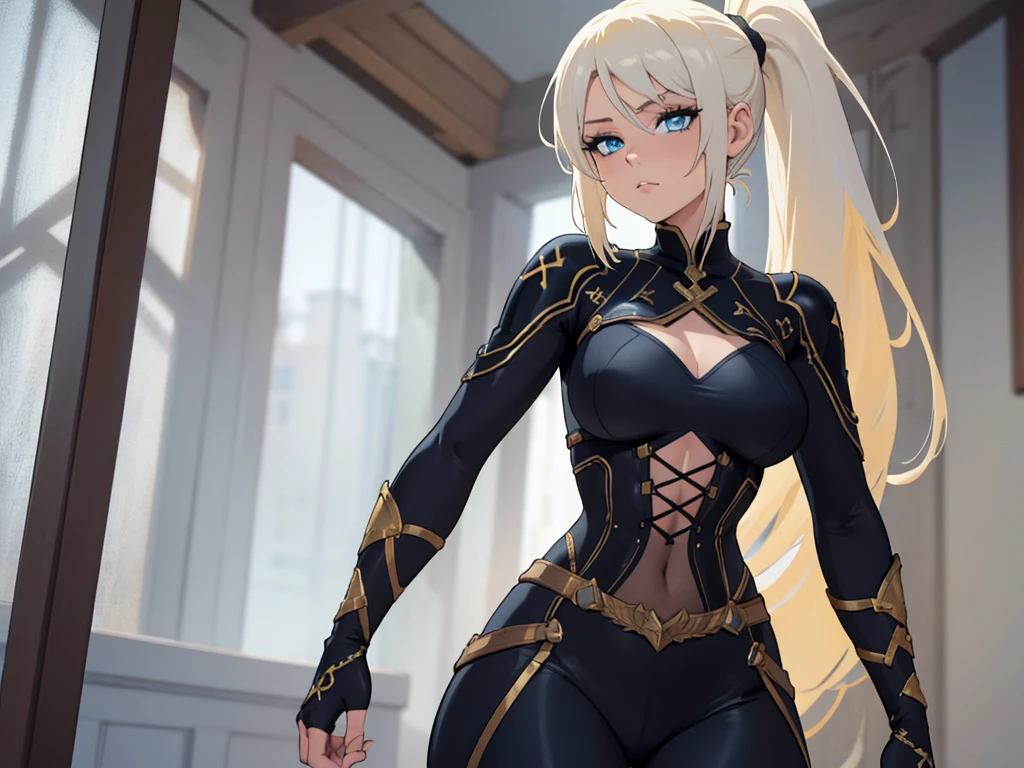 absurdres, [perfect shadows and lighting], detailed background, incredible high-key lighting, masterpiece, high quality, detailed, extremely detailed, ambient soft lighting, 4K, 1girl, , leggings, pose, arms at sides, simple background, blue eyes, yellow hair, white hair, blond hair, high ponytail, arms behind back, looking at viewer