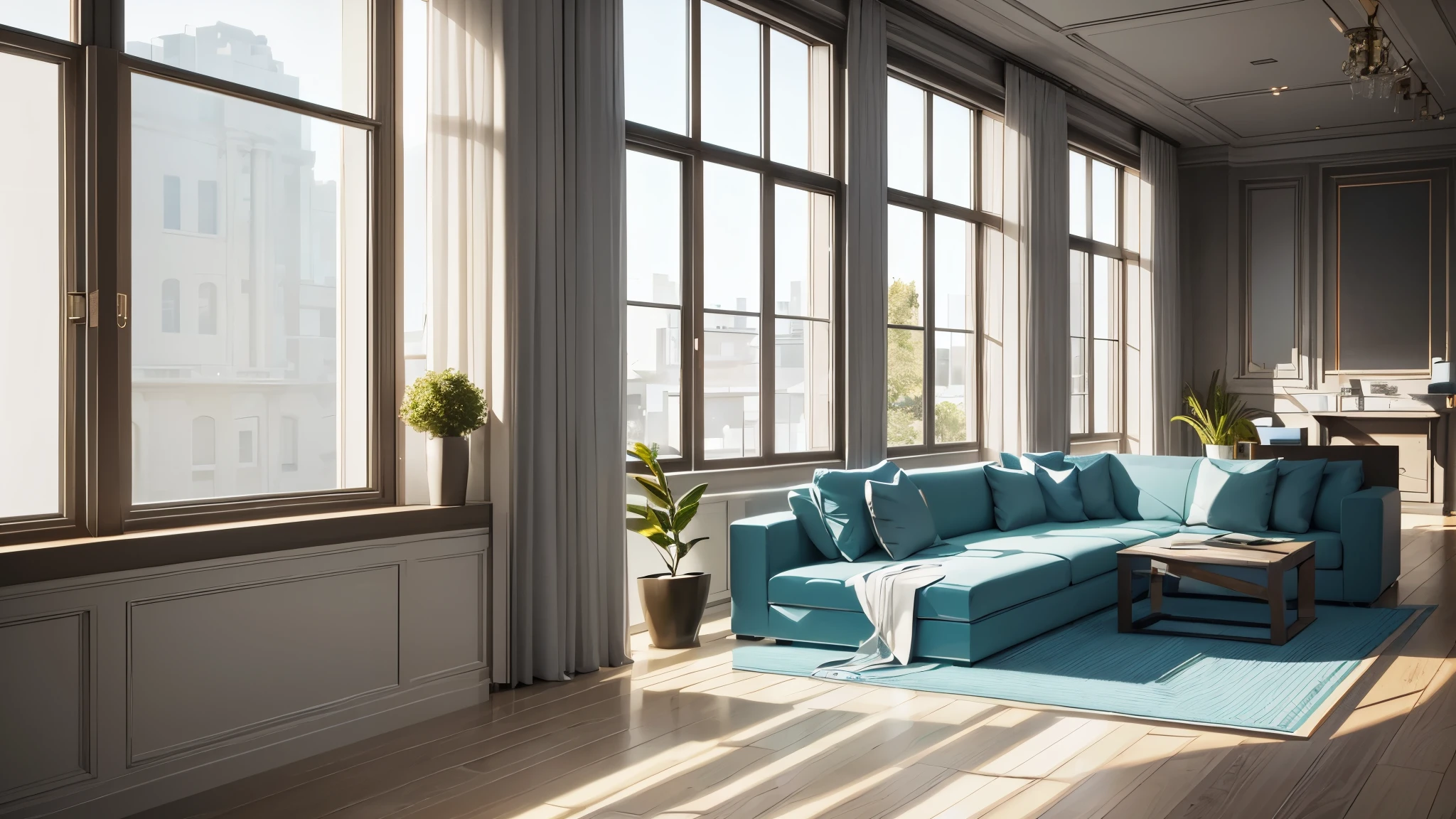 You are a famous interior designer、You have been asked to create a 3D image of a modern large room. Create a harmonious environment with modern and minimalist furniture. Including garden interior.
