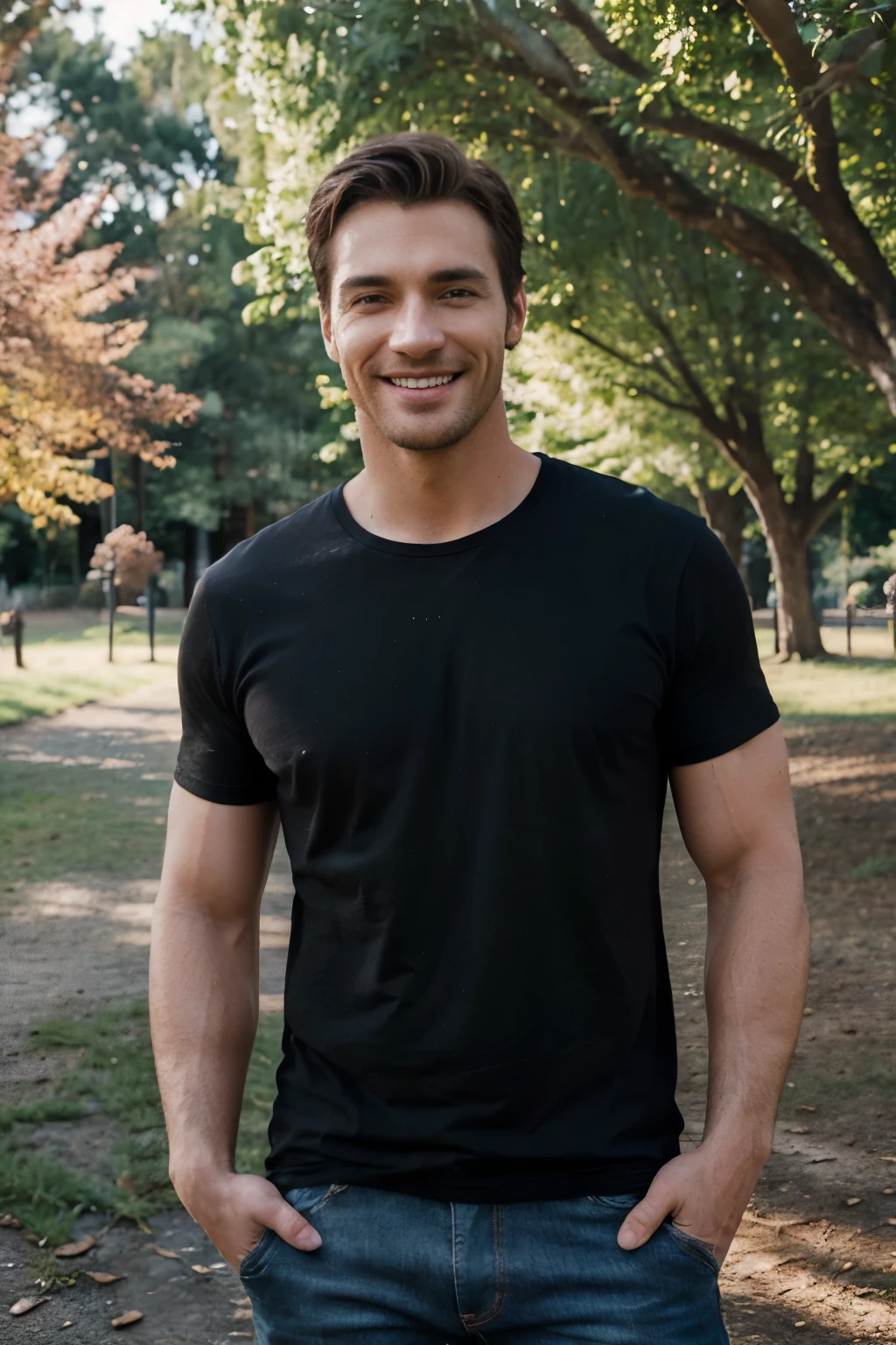 ((perfect landscape photograph)), ((realistic)), (perfect face), handsome man wearing black t-shirt mockup, man smiling, happy, hands in jean pockets, jeans are a little worn out, standing in a park, sunny day