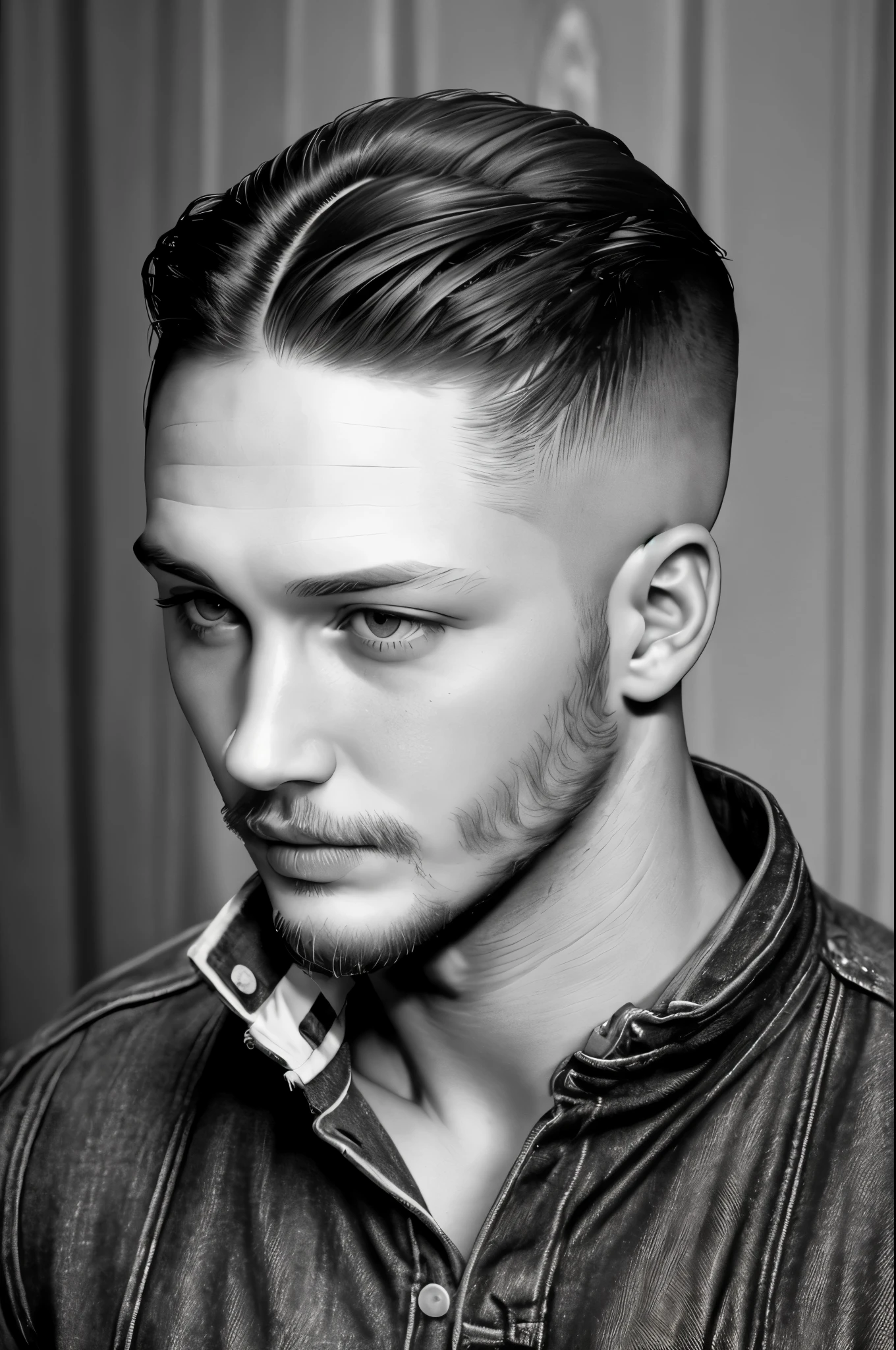 (black-and-white close-up of head) Tom Hardy, a 20-year-old boy, His white smooth skin is flawless, his eyes are deep, his chin and face are very smooth, muscular, jeans, (round inch hairstyle: 1.34), resolute style, sharp focus,
Movie lighting, background: Black