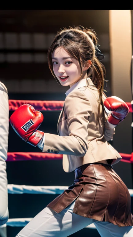 table top, highest quality, super detailed, finely, High resolution, 8k wallpaper, perfect dynamic composition, beautiful and fine eyes,medium hair, natural color lip,smile,(Wearing a brown school blazer uniform,Red Boxing Gloves:1.3),(long hair:1.3), (front view. drawn action: That girl has to do kickboxing. . video 、when doing a high kick, Need to convey a sense of dynamic movement:1.4),(The wind blows and lifts up my brown skirt,I can see your pants:1.3) girl,(whole body:1.3)