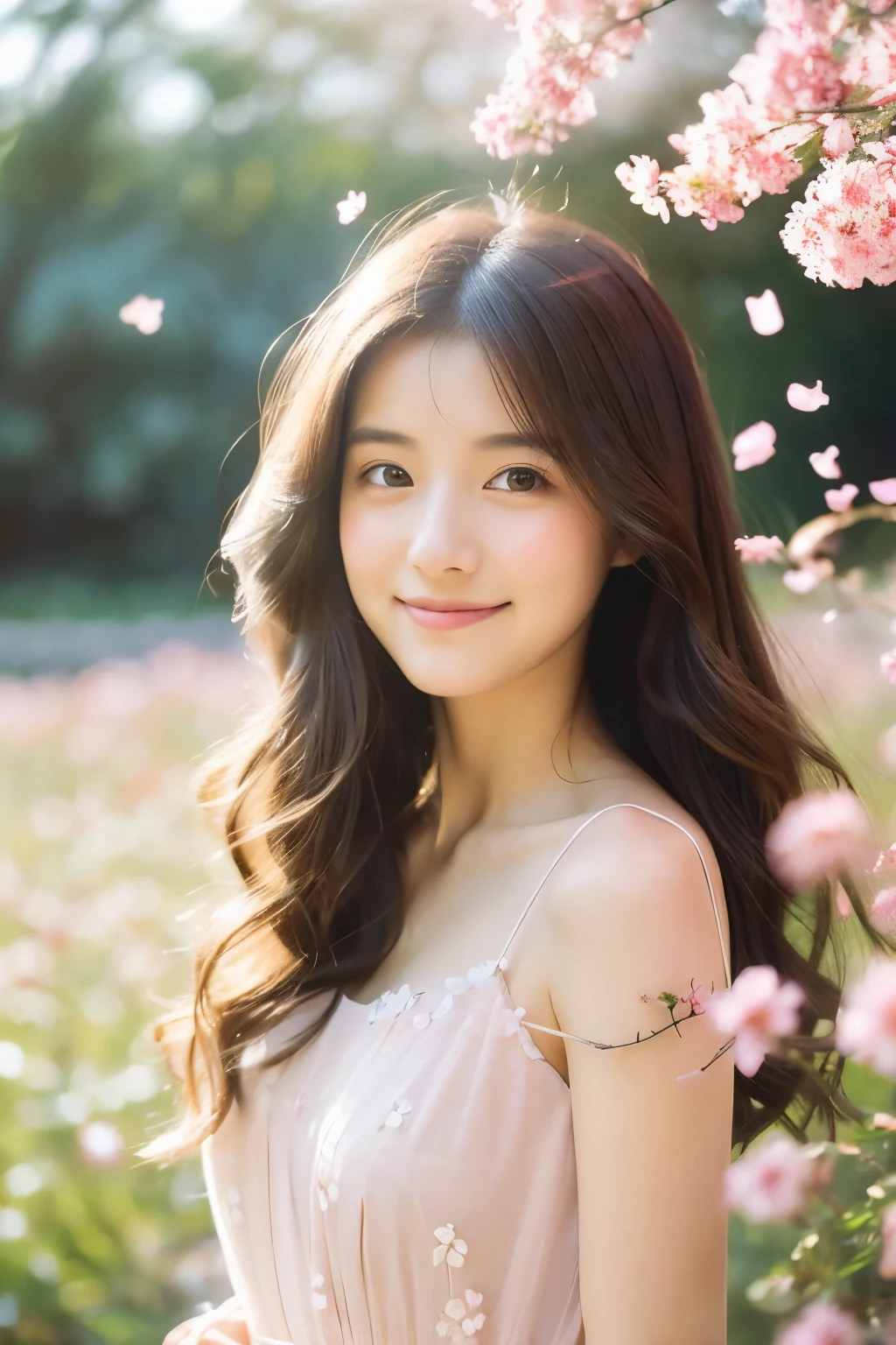 beautiful girl with a shy smile, delicate flower petals, soft natural lighting, elegant dress, flowing hair, ethereal background, pastel colors, soft and gentle atmosphere, dreamy and romantic scenery.