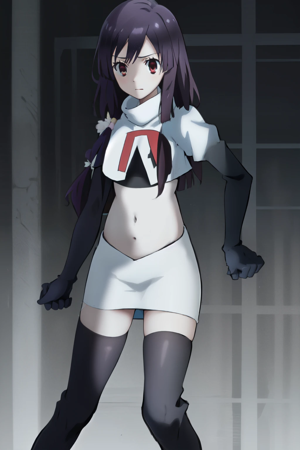 natsume, 1girl, crossdress-hairstyle, magic,    highres, absurdres,team rocket,team rocket uniform,white skirt,crop top,black thigh-highs,black elbow gloves,