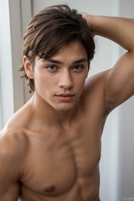 Male, brunette, fit, gray eyes, light brown skin