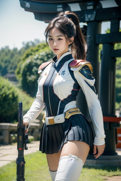 op quality, masterpiece, extremely detailed CG unity 16K wallpaper, ultra-high resolution, high definition, (perfect body, correct anatomy:1.5), (from front view:1.4), dynamic, professional photo, raw photo, photorealistic, cinematic lighting, 1 girl, ((Japanese , 15 y)), ((super heroine, mecha-musume:1.3)), cowboy shot, solo, looking at viewer, intricately detailed face, hyper-realistic skin texture, brown hair, (ponytail:1.2), glossy hair, short hair, highly detailed skin, highly detailed eyes, (dark eyes, bright eyes:1.2), ultra-realistic nose and lips, (tall nose:1.4), (slim and round outline of the face:1.3), expressive face, expressionless, (white serafuku, long sleeves:1.5), tall, slender, beautiful breast, (dark blue pleated skirt:1.4), perfect body proportion, ((weaponized body, powered suit:1.4)), equipped with cannon, (((a pair of main gun is mounted on the girl's shoulder:1.4))), ((in combat against villains:1.5)), (((outdoor, countryside, shinto shrine, daytime, noon:1.3)))