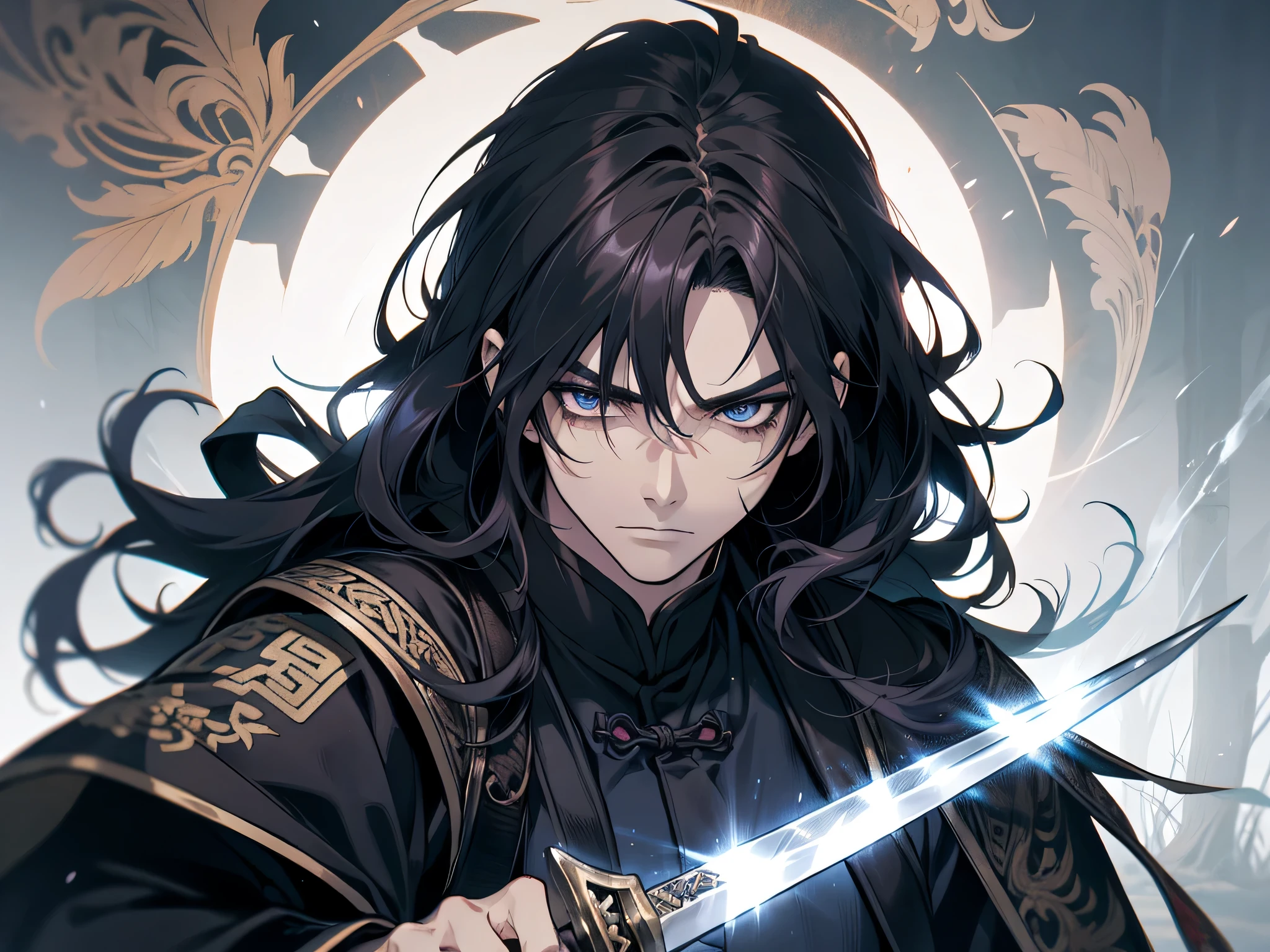 1 man, wearing han dynasty outfit, holding a sword, navy hair color, long hair, black eye color, face to detail, detailed eyes, evil expression, demon hunter, the background is forest, full-body illustration
