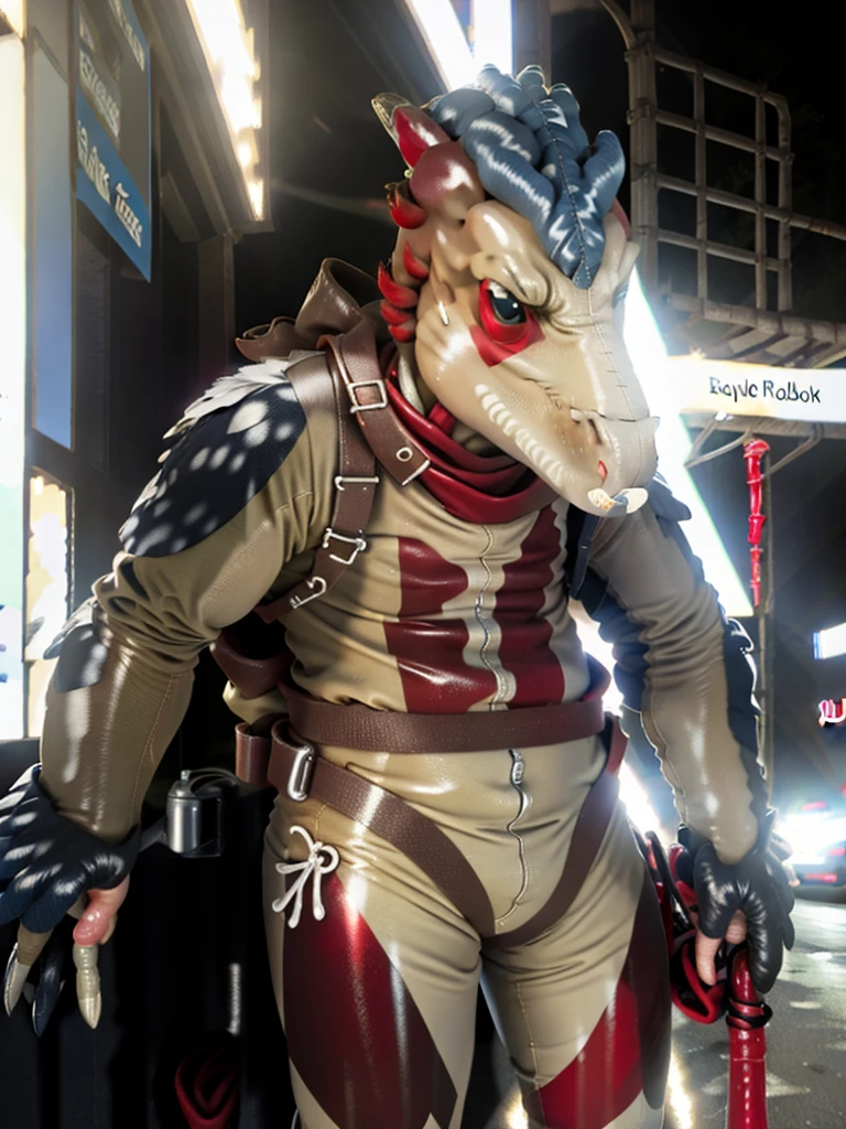 Ultra high resolution, best quality, masterpiece, raw selfie photograph, close-up,  (half transformation), human shiny smooth red polyvinyl deinonychus velociraptor mount inflatable rubber fursuit hybridization metamorphosis, wearing saddle bridle bit and harness, standing by a pier railing at night, (part human:1.6), (red:1.9) (black:1.5) (gray:1.1) (cobalt:0.5) (striped:1.2) (spotted:1.1), ((liquid polyvinyl goo partial dripping encasement)), human feathered polyvinyl dinosaur raptor inflatable rubber fursuit hybrid mount, zipper open,  plastic handlebars, air valve nozzle