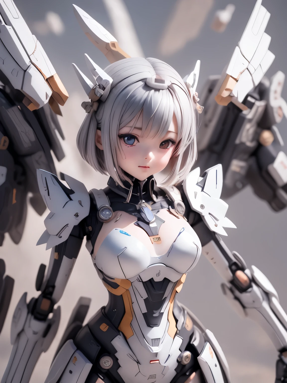 armor colored white and blue,a girl and a mecha,japanese young girl, {(wear gothic lolita clothes with white frills:1.2)}, {wears a futuristic Gundam style armor}, with headgear, with v-fin , armored shoulders,armored under arms, armored under legs,full body:1.5, ,(she attached a giant  Gundam mecha on her back) ,
 cute, (cute:1.2), (bob cut:1.3),三つ編み, 黒髪, 太い眉毛, 薄い色の虹彩, 大きくて輝いている黒い瞳, 長いまつげ, 小さく薄い色の自然な唇, (Average face of Japanese idols), (日本人特有の童顔:1.3), (baby face), 広いおでこ:1.2, ふっくらした頬, 小さな顎,  visible side boob,, ,looking at viewer,Focus on the eyes , 

 3D rendering, 
 Small robot, 
 portrait female anime, 
 cute 3d anime rendering, 
 cute detailed digital art, 
 mini cute mech, 
 3D rendering stylized, 
 3D renderingされたキャラクター アート 8k, 
 cute digital painting, 
 Anime style 3D, 
 Super detailed rendering, 
 weapon in hand, 
