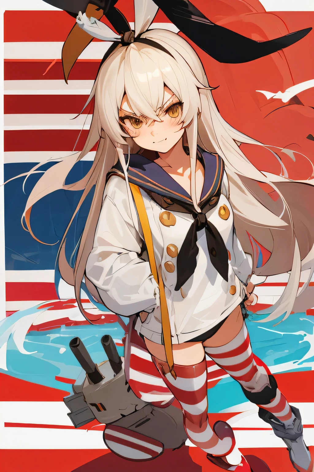 1girl, cute, ((KanColle Shimakaze)), (striped panties, Standing posture), (masterpiece, best quality, ultra detailed:1.2),(smile:1.1),(angry),closed mouth