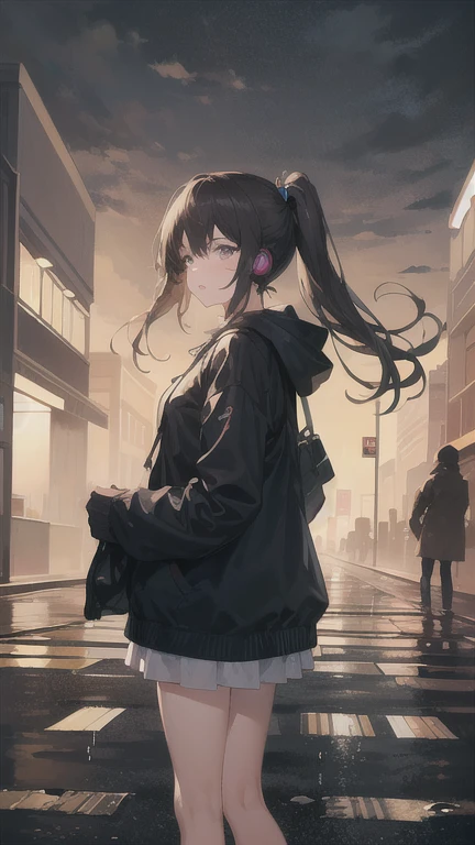 A girl alone, wearing a hoodie and headphones, stands on a rainy street. Her black hair is tied up in a short ponytail, and tears stream down her face. The scene is incredibly absurd, with neon lights reflecting off the wet pavement. The raindrops create a motion blur effect, adding a sense of movement to the stillness of the girl. The atmosphere is surreal, with a touch of melancholy and mystery. The image is of the highest quality, a masterpiece in itself, with ultra-detailed elements that bring the scene to life. The setting is a dimly lit street, with a gutter flowing with rainwater. The girl is like a street musician, pouring her emotions into the music she listens to through her headphones. The overall tone of the image is dark and moody, with vivid colors that contrast with the rainy backdrop. The lighting is carefully crafted to highlight the girl's features, emphasizing her expression and the tears on her face.