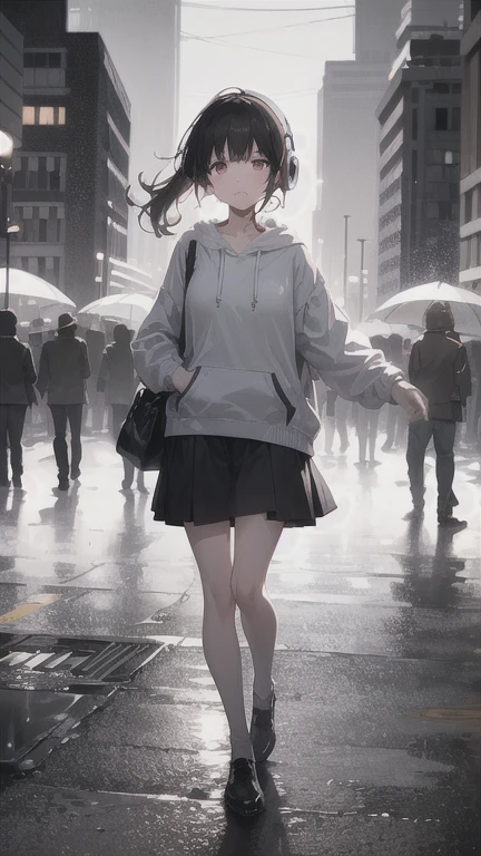 A girl alone, wearing a hoodie and headphones, stands on a rainy street. Her black hair is tied up in a short ponytail, and tears stream down her face. The scene is incredibly absurd, with neon lights reflecting off the wet pavement. The raindrops create a motion blur effect, adding a sense of movement to the stillness of the girl. The atmosphere is surreal, with a touch of melancholy and mystery. The image is of the highest quality, a masterpiece in itself, with ultra-detailed elements that bring the scene to life. The setting is a dimly lit street, with a gutter flowing with rainwater. The girl is like a street musician, pouring her emotions into the music she listens to through her headphones. The overall tone of the image is dark and moody, with vivid colors that contrast with the rainy backdrop. The lighting is carefully crafted to highlight the girl's features, emphasizing her expression and the tears on her face.