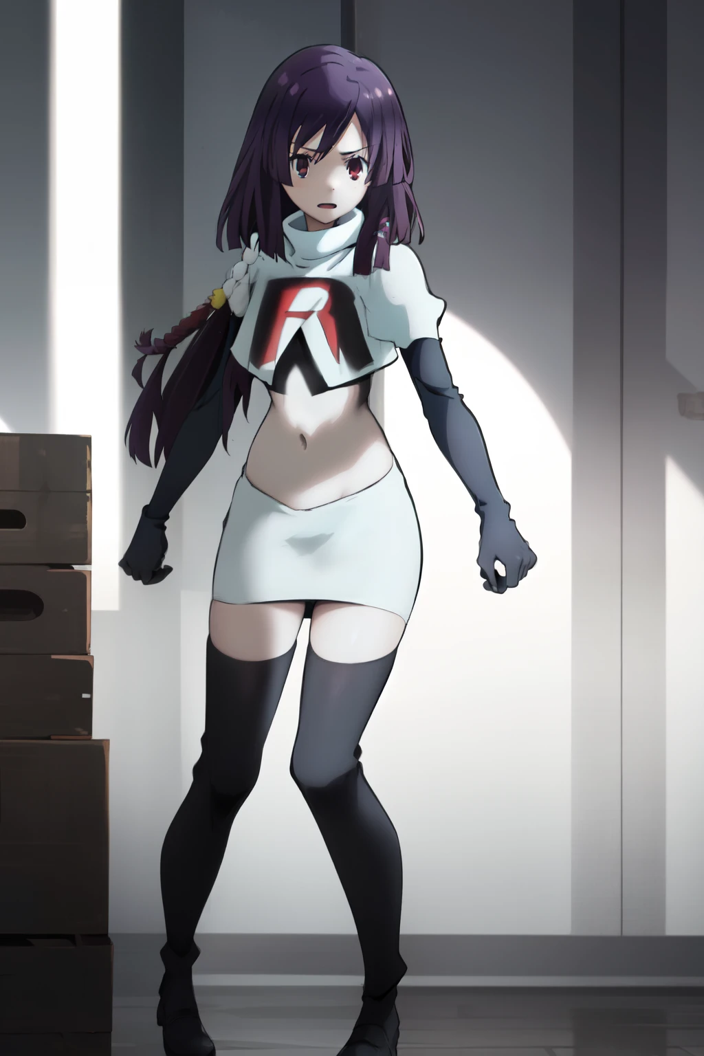 natsume, 1girl, crossdress-hairstyle, magic, highres, absurdres,team rocket,team rocket uniform,white skirt,crop top,black thigh-highs,black elbow gloves,