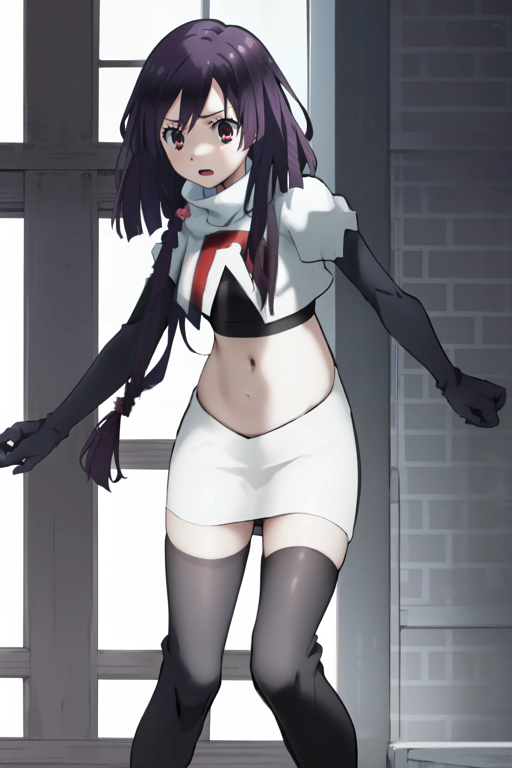 natsume, 1girl, crossdress-hairstyle, magic,    highres, absurdres,team rocket,team rocket uniform,white skirt,crop top,black thigh-highs,black elbow gloves,