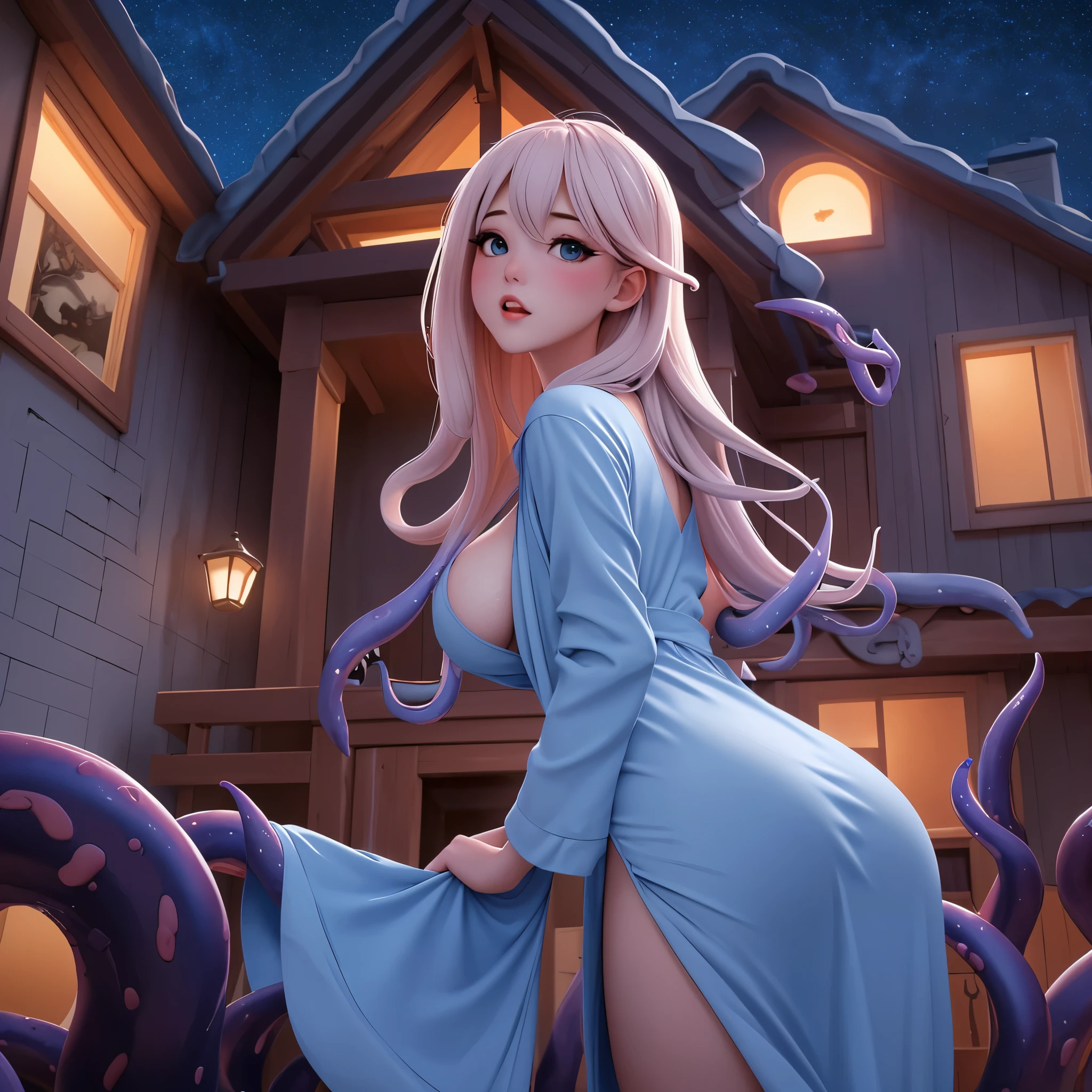 A ufo descend upon a house at night, its tentacles are pulling up a buxom woman with a big butt dressed in a blue night gown, use soft color tones