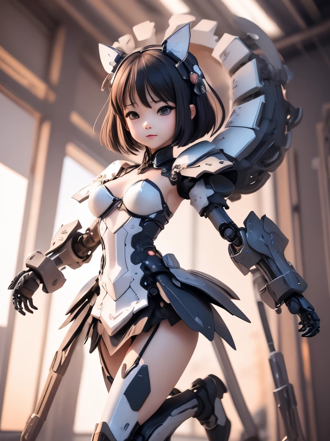 armor colored white and blue,a girl and a robot, japanese young girl, {(wear gothic lolita clothes with white frills:1.2)}, {wears a futuristic Gundam style armor}, with headgear, with v-fin , armored shoulders,armored under arms, armored under legs,full body:1.5, ,(彼女は巨大なロボットに搭乗している) ,
 cute, (cute:1.2), (bob cut:1.3),三つ編み, 黒髪, 太い眉毛, 薄い色の虹彩, 大きくて輝いている黒い瞳, 長いまつげ, 小さく薄い色の自然な唇, (Average face of Japanese idols), (日本人特有の童顔:1.3), (), 広いおでこ:1.2, ふっくらした頬, 小さな顎,  visible side boob,, ,looking at viewer,Focus on the eyes , 

 3D rendering, 
 Small robot, 
 portrait female anime, 
 cute 3d anime rendering, 
 cute detailed digital art, 
 mini cute mech, 
 3D rendering stylized, 
 3D renderingされたキャラクター アート 8k, 
 cute digital painting, 
 Anime style 3D, 
 Super detailed rendering, 
 weapon in hand, 
