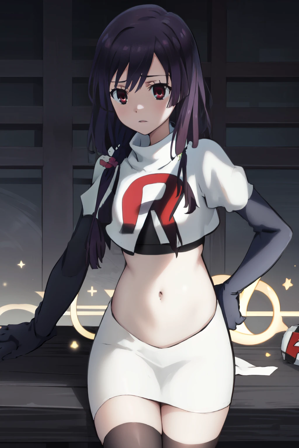 natsume, 1girl, crossdress-hairstyle, magic,    highres, absurdres,team rocket,team rocket uniform,white skirt,crop top,black thigh-highs,black elbow gloves,