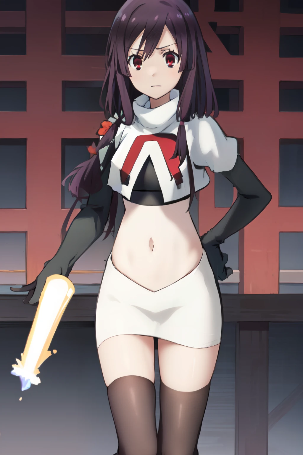 natsume, 1girl, crossdress-hairstyle, magic, highres, absurdres,team rocket,team rocket uniform,white skirt,crop top,black thigh-highs,black elbow gloves,