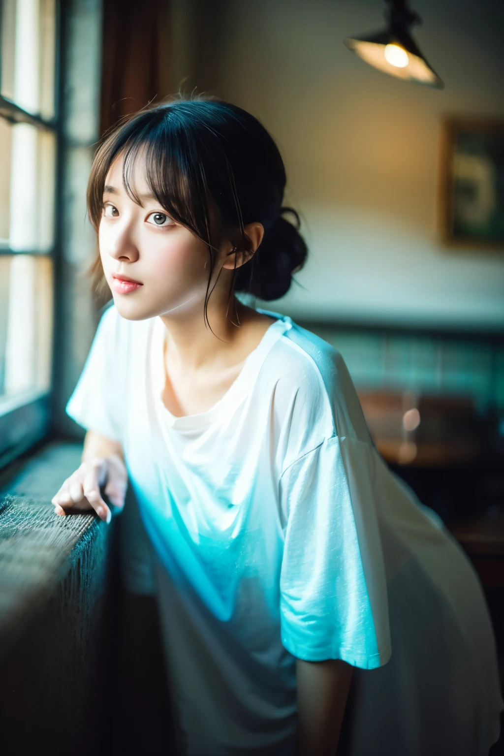 (8K, RAW photo, highest quality, High resolution:1.1), (hyperrealistic:1.4),(realistic, photorealistic:1.3), soft light,realistic face,realistic body,realistic skin,disorganized,masterpiece,(cute:1.8),(leaning forward:1.8),(From above:1.2),(close:1.4),crawl on all fours,throw,( Detailed white loose t-shirt:1.2),(Beautiful breasts:0.9),(long hair,ponytail),(big:1.2),cleavage,fine black eyes,innocent eyes,droopy eyes,Watery eye,open lips,blush,good style,cinema light,film Grain,close,look viewer,full Body,Depth of field, blurred background,Eye focus,young,85mm lens, f/ 1.4,professional lighting,portrait,photon mapping,radio city,Physically based rendering,Transparency,Day本の女の子,Day,Sunny,outdoor