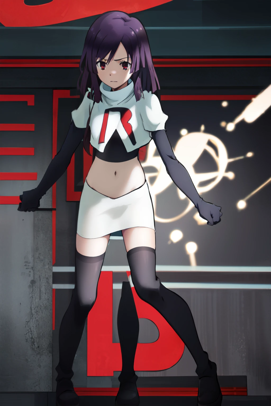 natsume, 1girl, crossdress-hairstyle, magic, highres, absurdres,team rocket,team rocket uniform,white skirt,crop top,black thigh-highs,black elbow gloves,