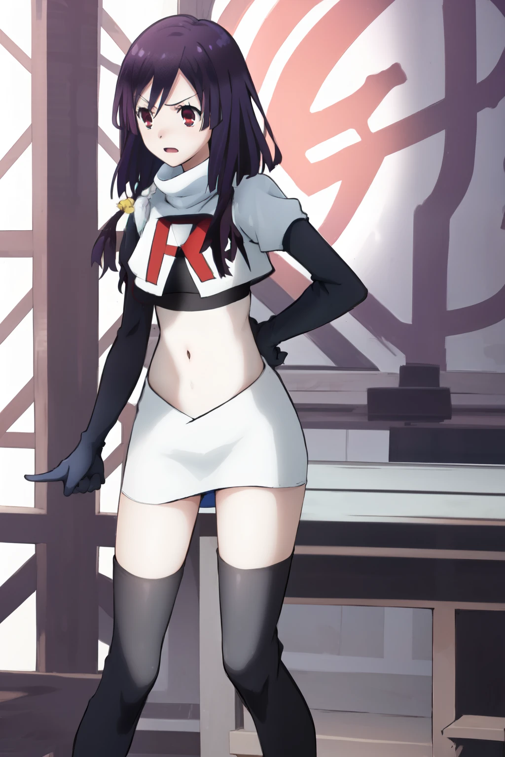 natsume, 1girl, crossdress-hairstyle, magic, highres, absurdres,team rocket,team rocket uniform,white skirt,crop top,black thigh-highs,black elbow gloves,