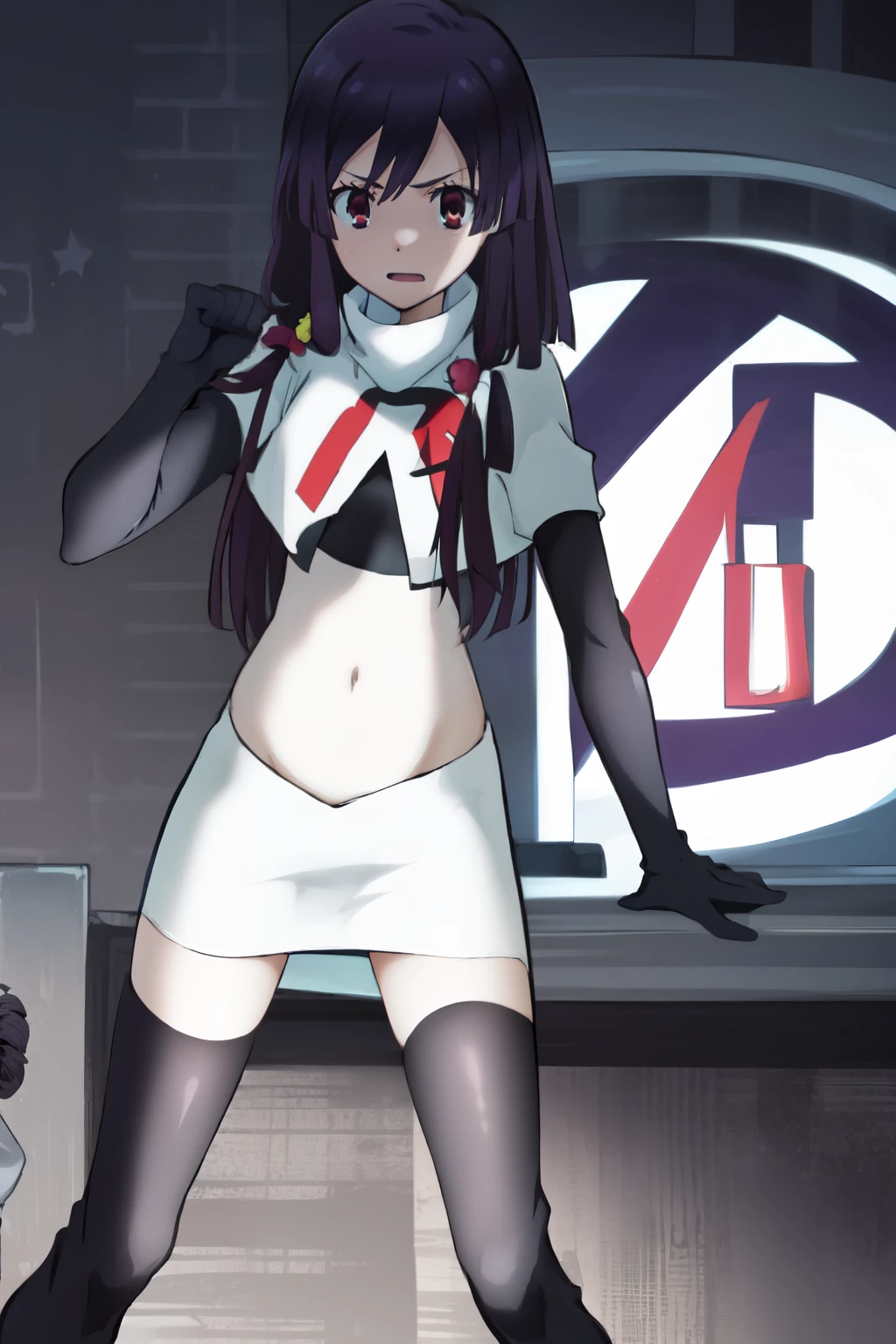 natsume, 1girl, crossdress-hairstyle, magic,    highres, absurdres,team rocket,team rocket uniform,white skirt,crop top,black thigh-highs,black elbow gloves,