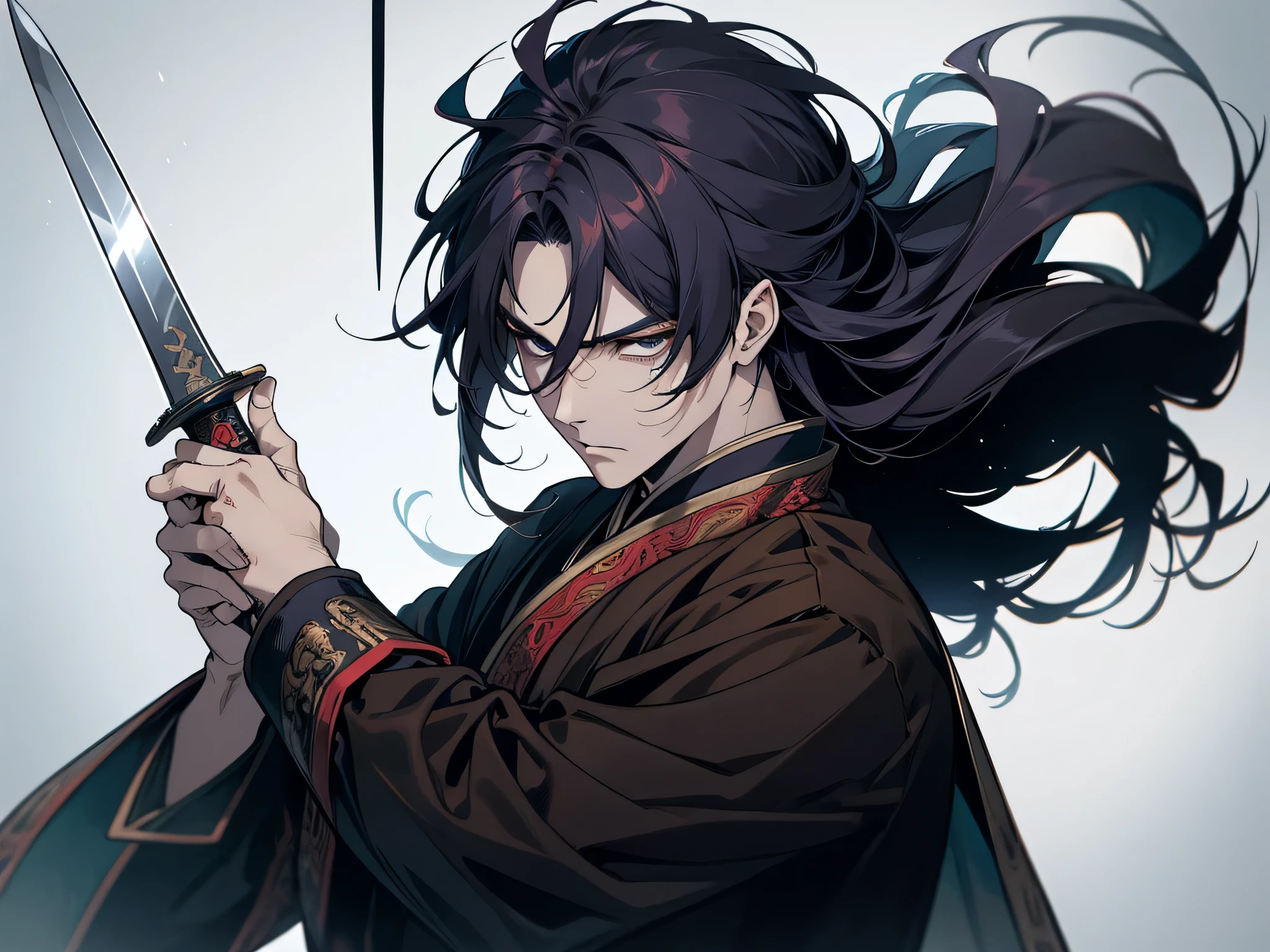 1 man, wearing han dynasty outfit, holding a sword, perfect hands, navy hair color, long hair, black eye color, face to detail, detailed eyes, evil expression, demon hunter, the background is forest, full-body illustration