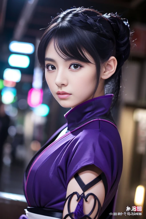 Black hair in a ponytail、Beautiful 25 year old Japan woman, white skin, double eyelid、serious expression, Wearing a black and purple ninja costume, waist up shot, dynamic pose, environmental lighting, photorealism, intricate facial details, intricate hand details, very detailed, Bright colors, cinematic, High resolution, Art Station Trends--Style Raw