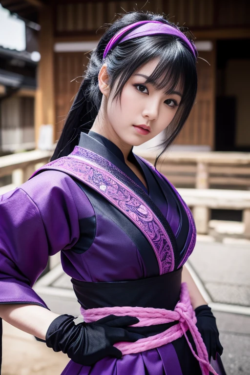 Black hair in a ponytail、Beautiful 25 year old Japan woman, white skin, double eyelid、serious expression, Wearing a black and purple ninja costume, waist up shot, dynamic pose, environmental lighting, photorealism, intricate facial details, intricate hand details, very detailed, Bright colors, cinematic, High resolution, Art Station Trends--Style Raw