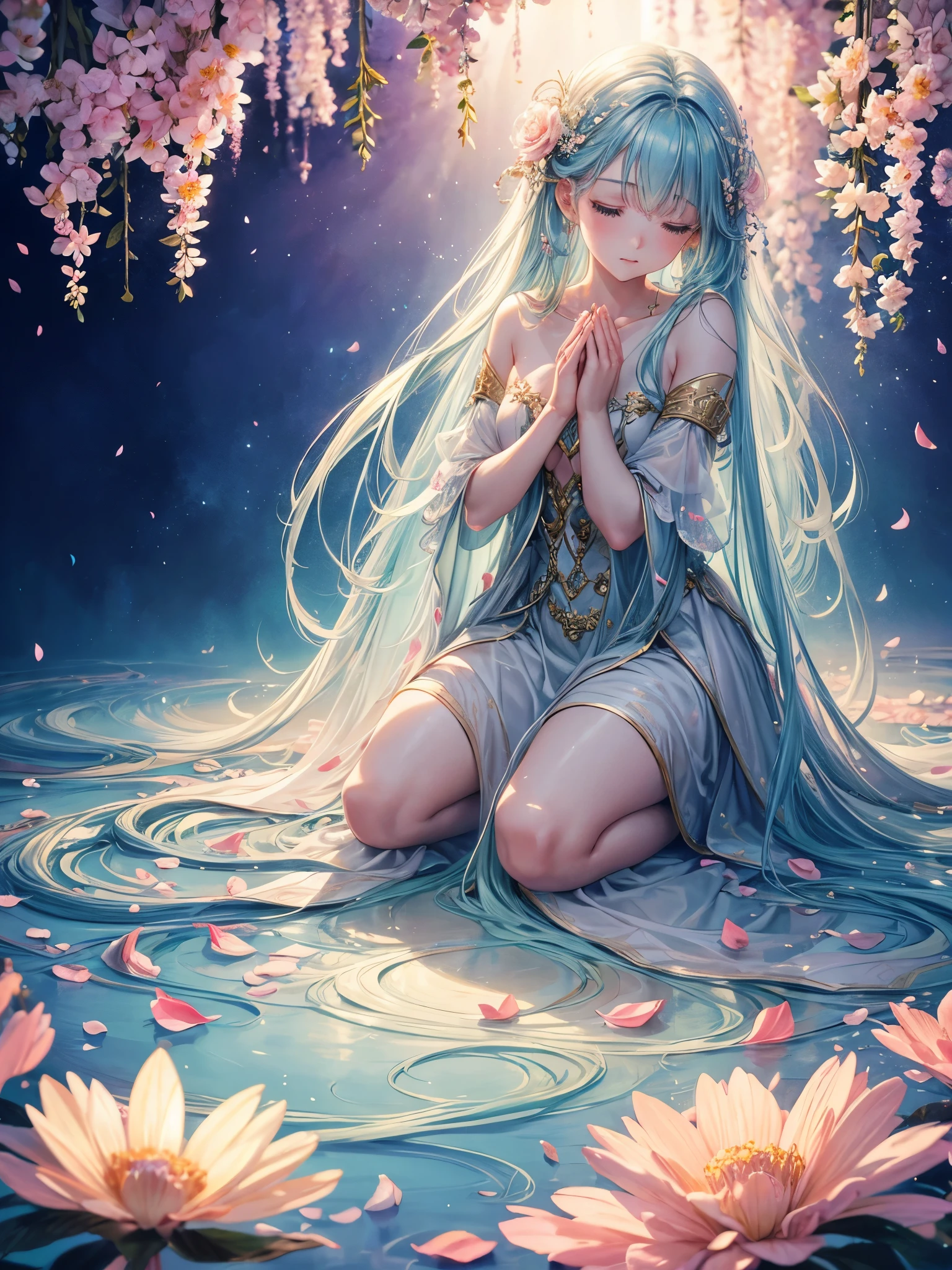 soft lighting, dreamy atmosphere, ethereal aesthetic, fantasy theme, nature elements, floral background, delicate details, flowing hair, whimsical pose, vibrant colors, flower petal falling, praying, kneeling down
