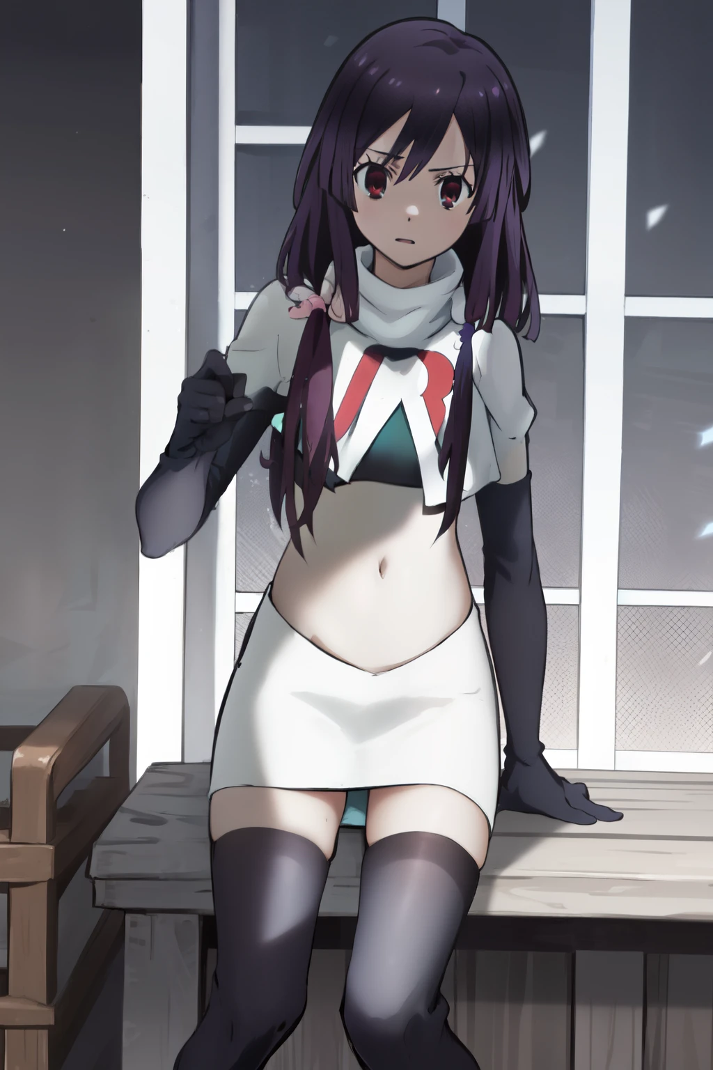 natsume, 1girl, crossdress-hairstyle, magic,    highres, absurdres,team rocket,team rocket uniform,white skirt,crop top,black thigh-highs,black elbow gloves,