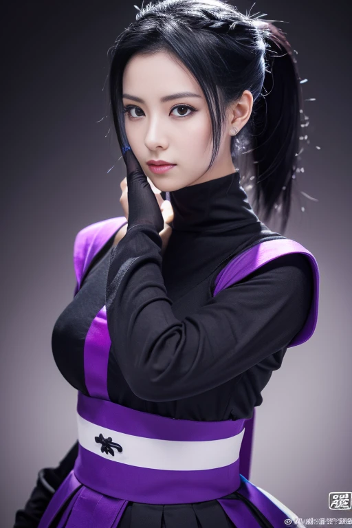 Black hair in a ponytail、Beautiful 25 year old Japan woman, white skin, double eyelid、serious expression, Wearing a black and purple ninja costume, waist up shot, dynamic pose, environmental lighting, photorealism, intricate facial details, intricate hand details, very detailed, Bright colors, cinematic, High resolution, Art Station Trends--Style Raw