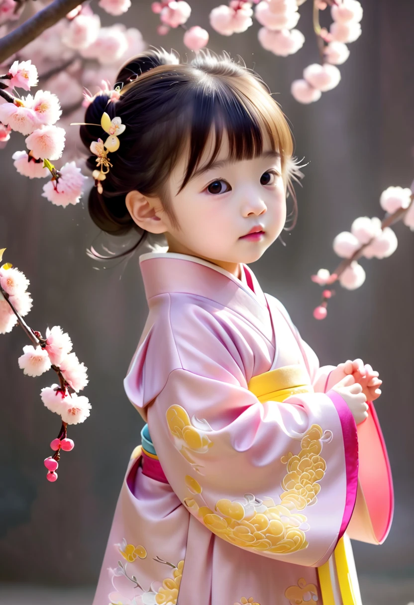 heavy snowing,close up,a 3 yo Chinese cute babygirl is Picking plum blossoms, Hanfu,Right lapel,pink and yellow,wearinga gorgeous Hanfu,a Chinese dragon,C4D rendering,meticulous designasymmetrical balance,master works, movie lightingUltra HD
