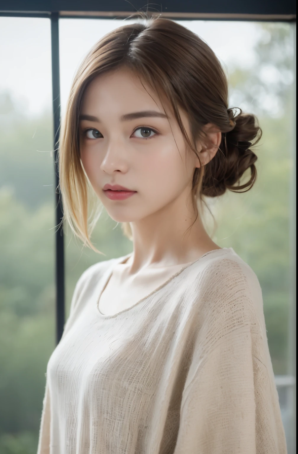 ((highest quality, 8K, masterpiece :1.3)), 1 girl, Pretty woman highlighting her slender abs :1.3, (random hairstyle, small breasts :1.2), casual clothes :1.2, indoor, super detailed face, fine eyes, double eyelid、light brown hair、Middle Length Hair