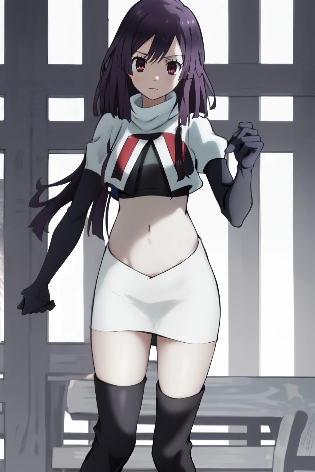 natsume, 1girl, crossdress-hairstyle, magic,    highres, absurdres,team rocket,team rocket uniform,white skirt,crop top,black thigh-highs,black elbow gloves,