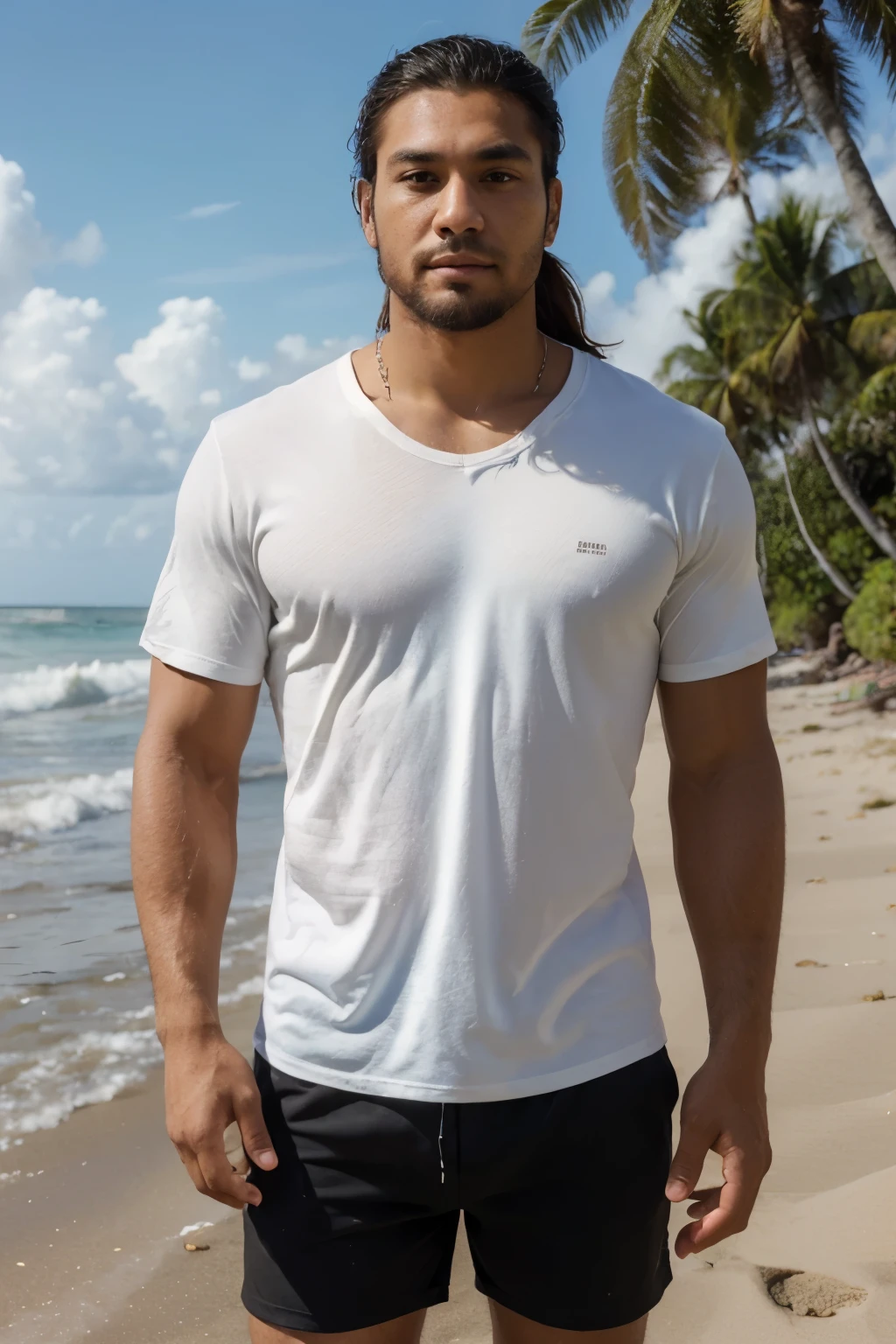 ((best quality)), ((masterpiece)), ((high res)), ((perfect photograph)), ((realistic)), (perfect face), handsome Polynesian man, wearing a straight black shirt, in the sun, light shining on shirt, no wrinkles on shirt, standing on the beach facing the camera, man bun hair, scruffy facial hair, skinny, tall, wearing white shorts, happy, sunny day