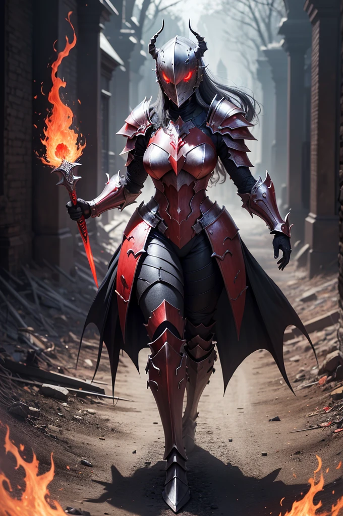 (((full body photo)))  The whole body of a demonic woman with a big sword and a red flame, demon armor, from head to toes, Armadura corrompida, Armadura refletida cor de fogo preta, Governante do Inferno, red demon armor, flame conjuring armored, diabo, Senhor de Cinder, arte conceitual digital diabo, cavaleiro de sangue, arte conceitual diabo, Armadura Daedric, Armadura de Sombra, Enigma infernal, armadura vermelha de sangue