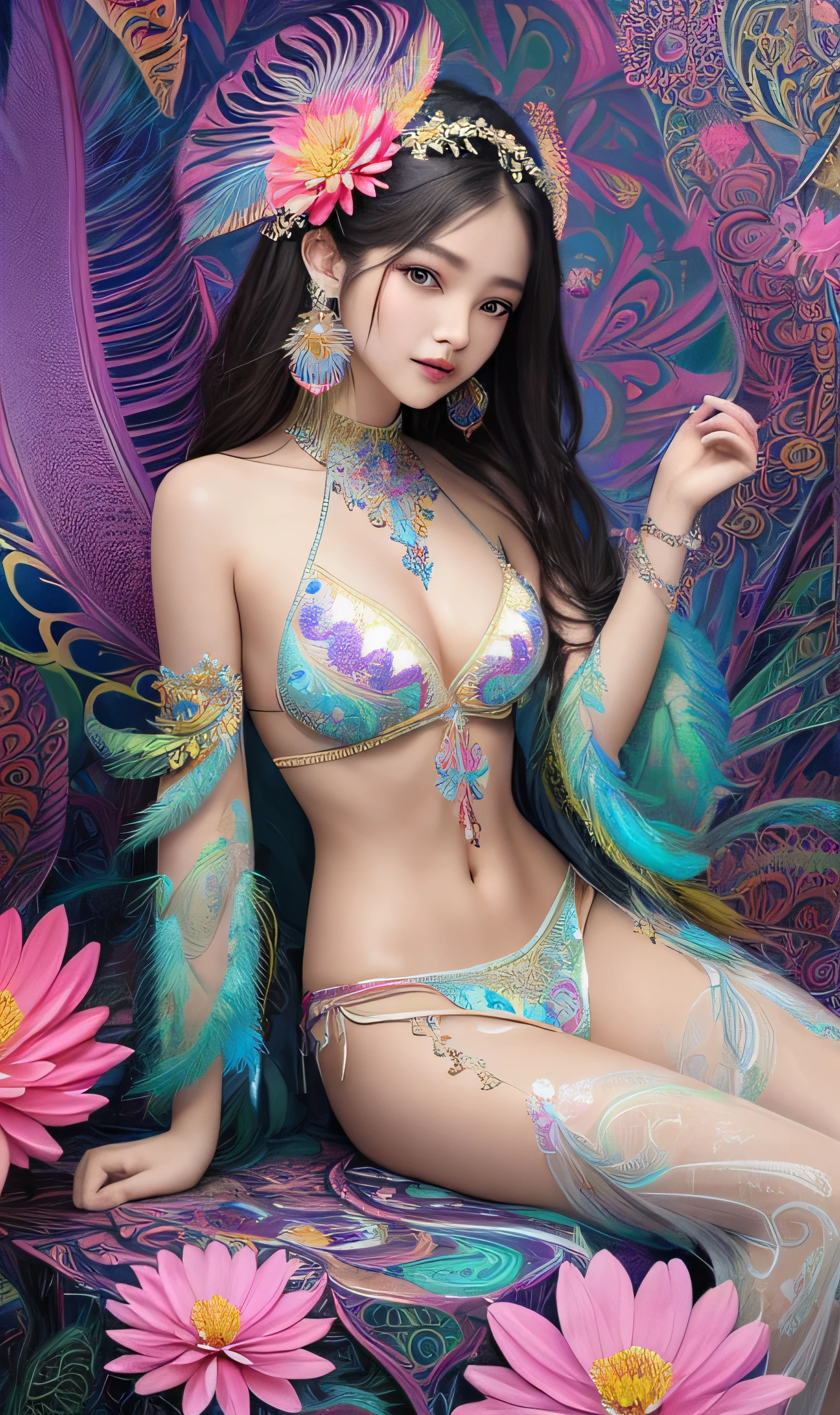 (masterpiece, top quality, best quality, official art, beautiful and aesthetic:1.2), (1girl:1.3), extremely detailed,(fractal art:1.1),(colorful:1.1)(flowers:1.3),highest detailed,(zentangle:1.2), full body, (abstract background:1.3), (shiny skin), (many colors:1.4), ,(earrings), (feathers:1.5), 1 girl, asian, age 20, wet, sitting on the lotus leaf, colourful butterfly on head, slim fit whole body, sexy look, wearing transparent cloth